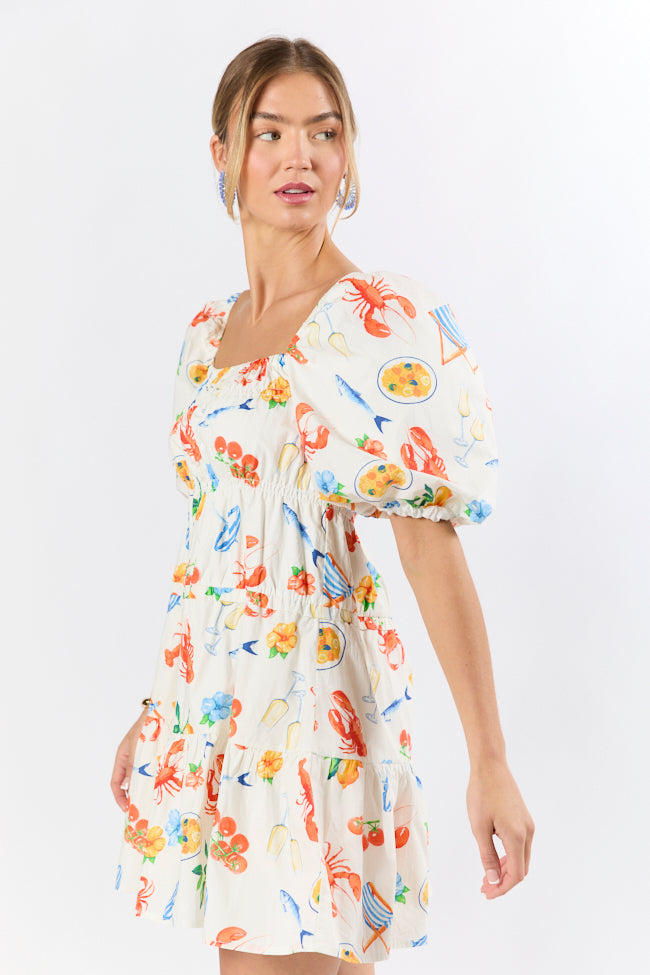 White Multi Icon Print Mini Dress - Trendy Casual & Party Outfit for Women | Perfect for Summer, Beach, and Night Out