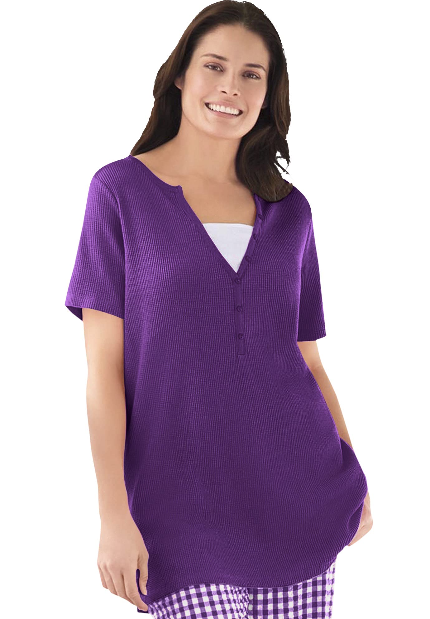 **Women's Plus Size Split-Neck Henley Thermal Waffle Tee Shirt - Soft & Cozy Long Sleeve Top for Casual Wear & Layering in Fall & Winter**