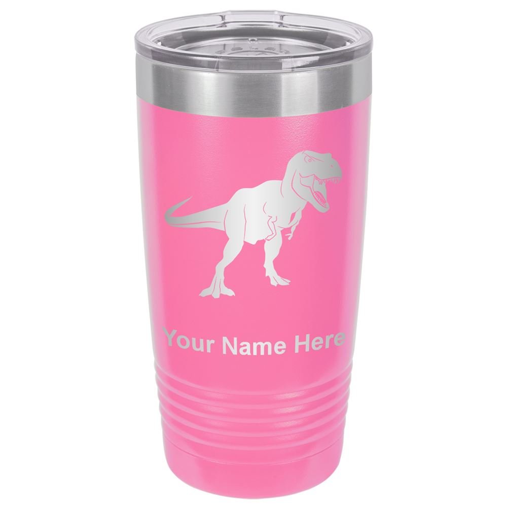 LaserGram 20oz Vacuum Insulated Stainless Steel Tumbler Mug with Dinosaur Design - Custom Tyrannosaurus Rex Engraving, Leakproof Travel Cup for Hot & Cold Drinks (Pink) - Perfect for Office, Gym, Hiking and Outdoor Adventures