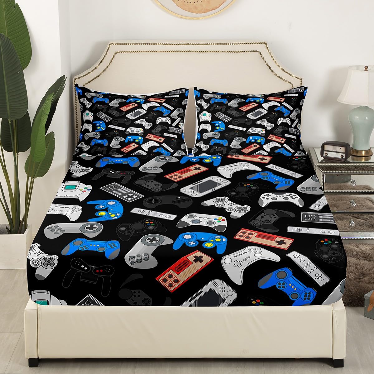 Queen Size Gaming Bed Sheet Set for Teens & Kids - Breathable 3-Piece Video Game Themed Bedding Decor for Boys & Gamers - Perfect for Bedrooms & Game Rooms (Fitted Sheet Only)