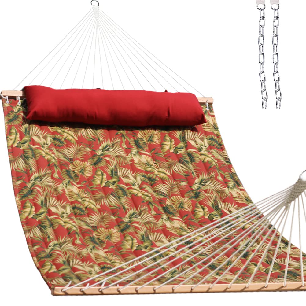 12 FT Quilted Fabric Double Hammock with Spreader Bar & Chains - 2-Person Outdoor Hammock for Patio, Poolside, Backyard & Beach - 450 lbs Capacity (Red Leaf) - Perfect for Relaxing, Lounging & Napping in Your Garden or Vacation Getaway