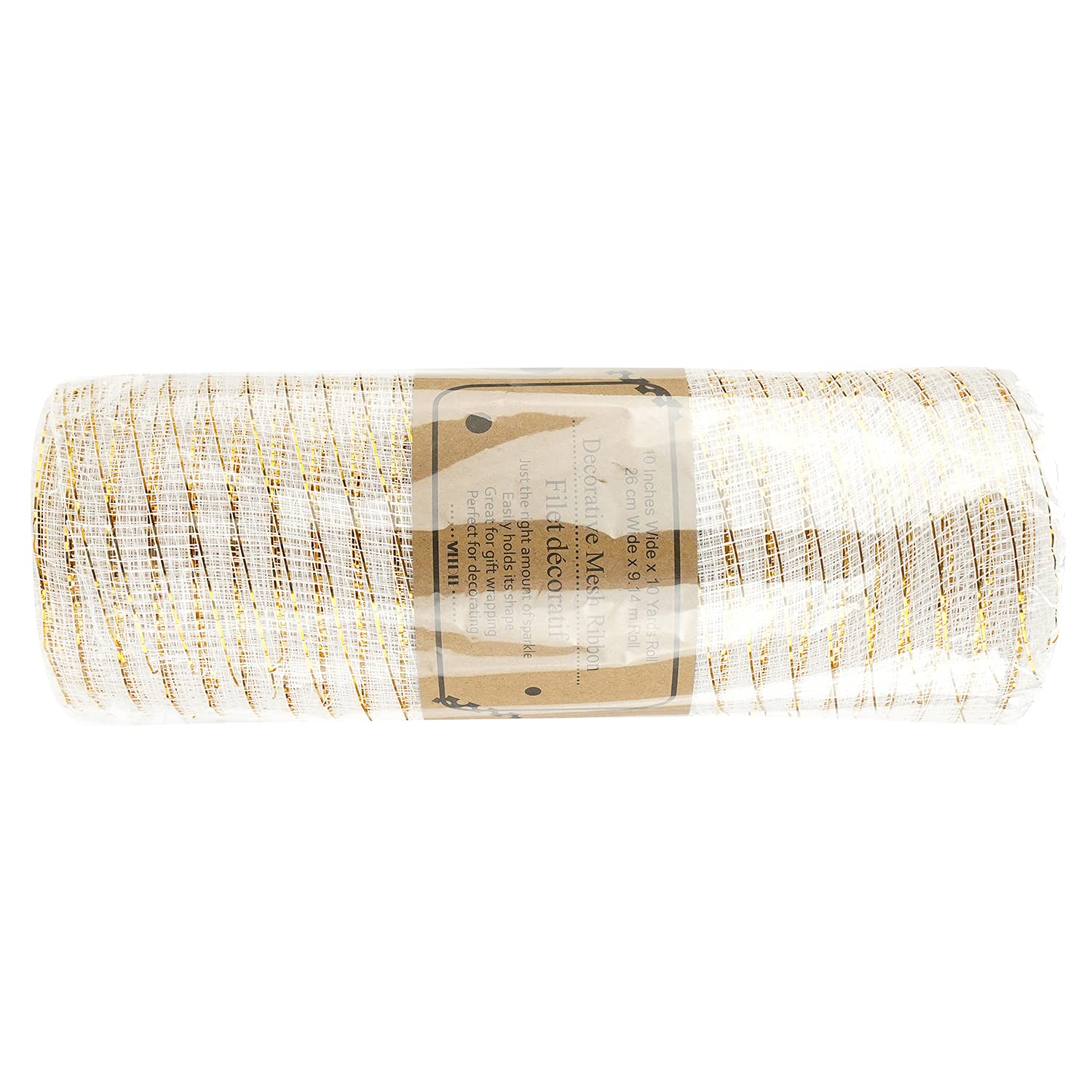 MEEDEE White and Gold Metallic Mesh Ribbon - 10 Inch Wide, 30 Feet Long - Decorative Mesh Roll for Wreath Making, Basket Decorations, DIY Crafts, and Holiday Home Decor