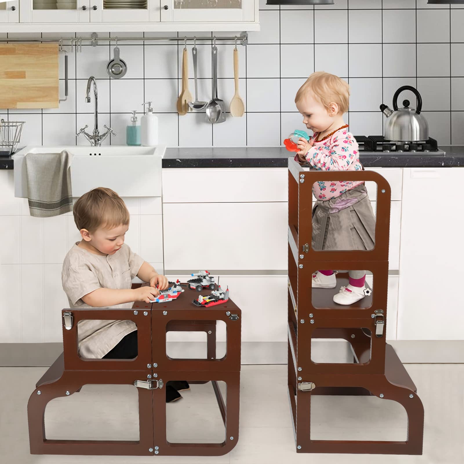 WishaLife 2-in-1 Convertible Toddler Step Stool & Standing Tower - Adjustable Kitchen Helper for Kids, Safe Learning Stool for Counter Access, Dining Chair & Table (Walnut) - Perfect for Cooking, Baking & Mealtime Activities