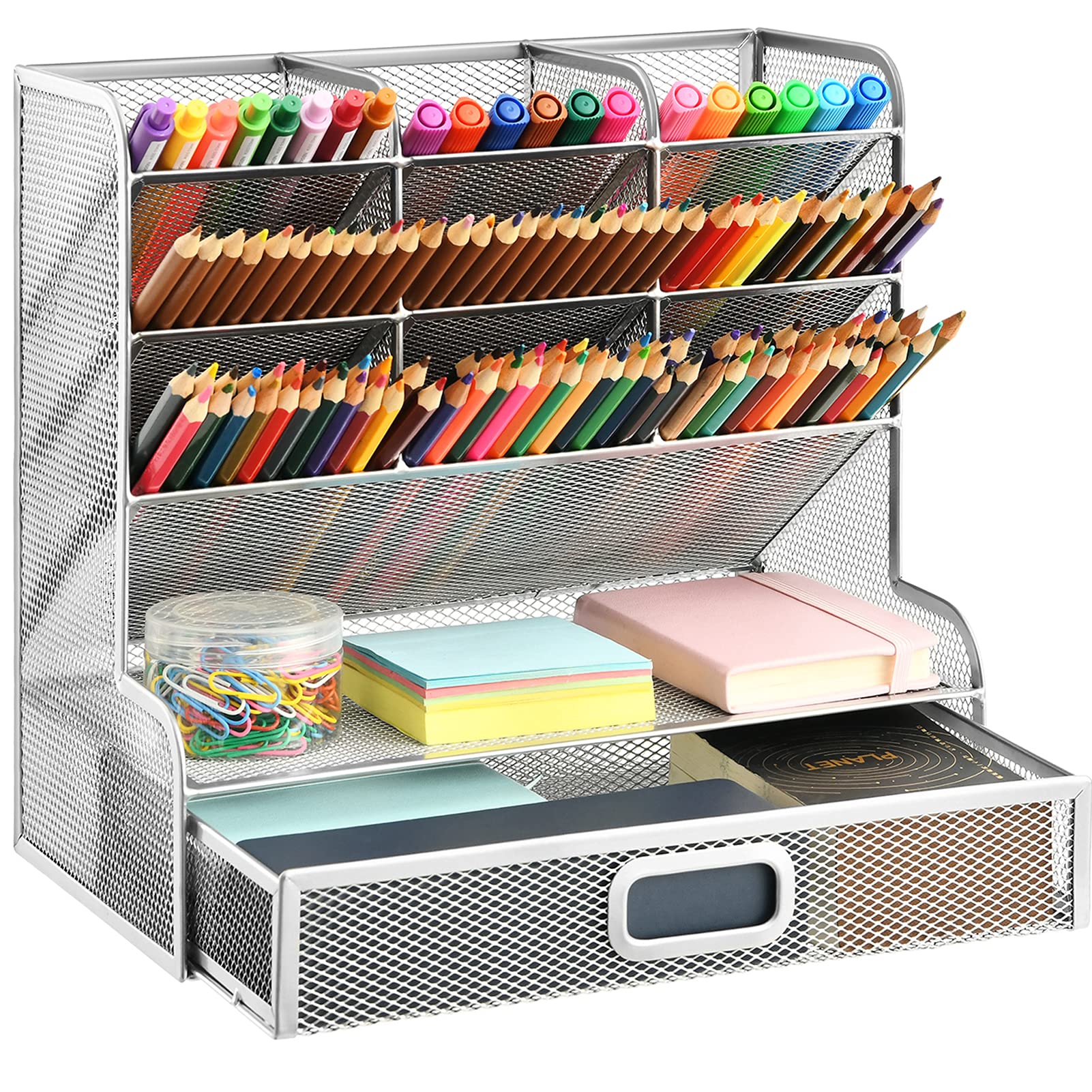 Mesh Desk Organizer with Drawer - Silver Pen Holder for School, Office & Home