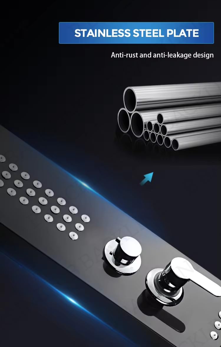 Stainless Steel Shower Panel Set - Dual Flow Overhead Waterfall & Handheld Shower Combo | Wall Mount Bathroom Shower System in Black Glossy Finish | Perfect for Spa-Like Experience & Modern Home Renovation