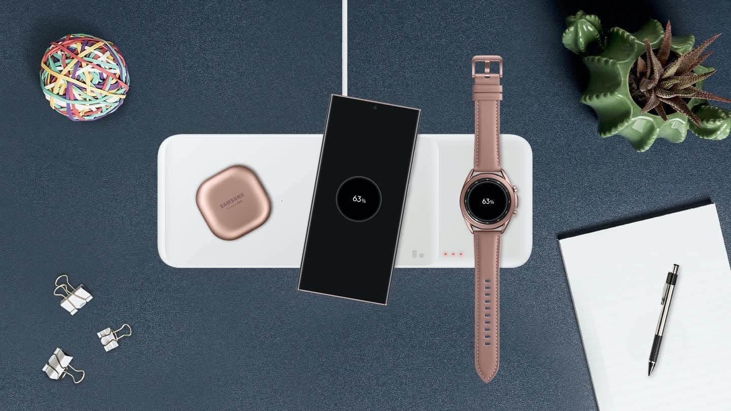 Samsung EP-P6300 Qi Wireless Charging Pad - Fast Wireless Charger for Galaxy Phones, AirPods, Apple Watch & Qi-Compatible Devices | 3-in-1 Multi-Device Charging Station | Perfect for Home, Office & Travel Use (White)