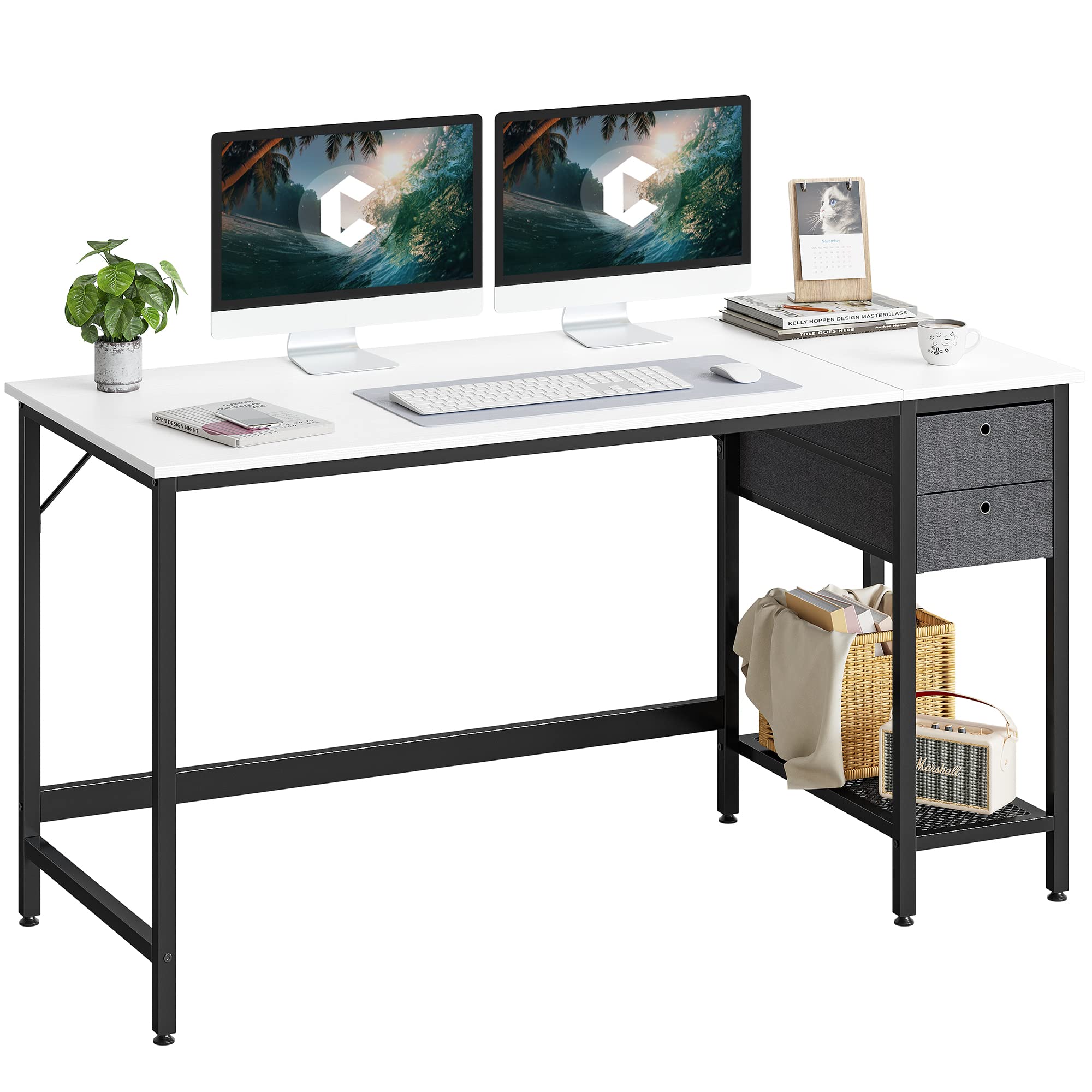 Cubiker 63 Inch White Modern Computer Desk with Drawers - Home Office Desk, Study Writing Table for Small Spaces | Perfect for Remote Work, Gaming & Online Learning