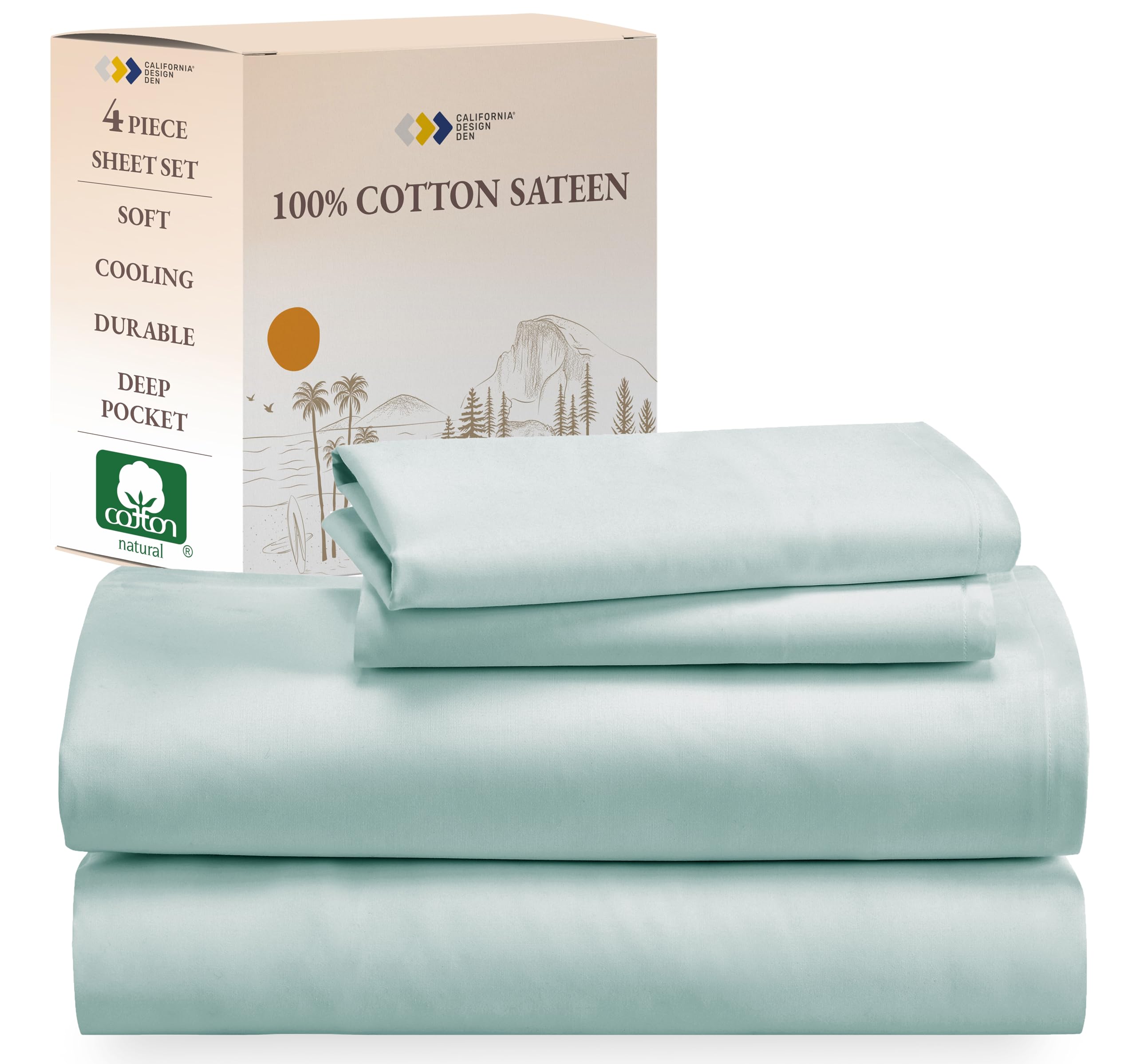 California Design Den 100% Cotton King Size Sheet Set - Deep Pocket Cooling Sateen Weave Bedding in Seafoam Green | Ultra Soft Breathable Sheets for Hot Sleepers & Luxury Bedroom Decor