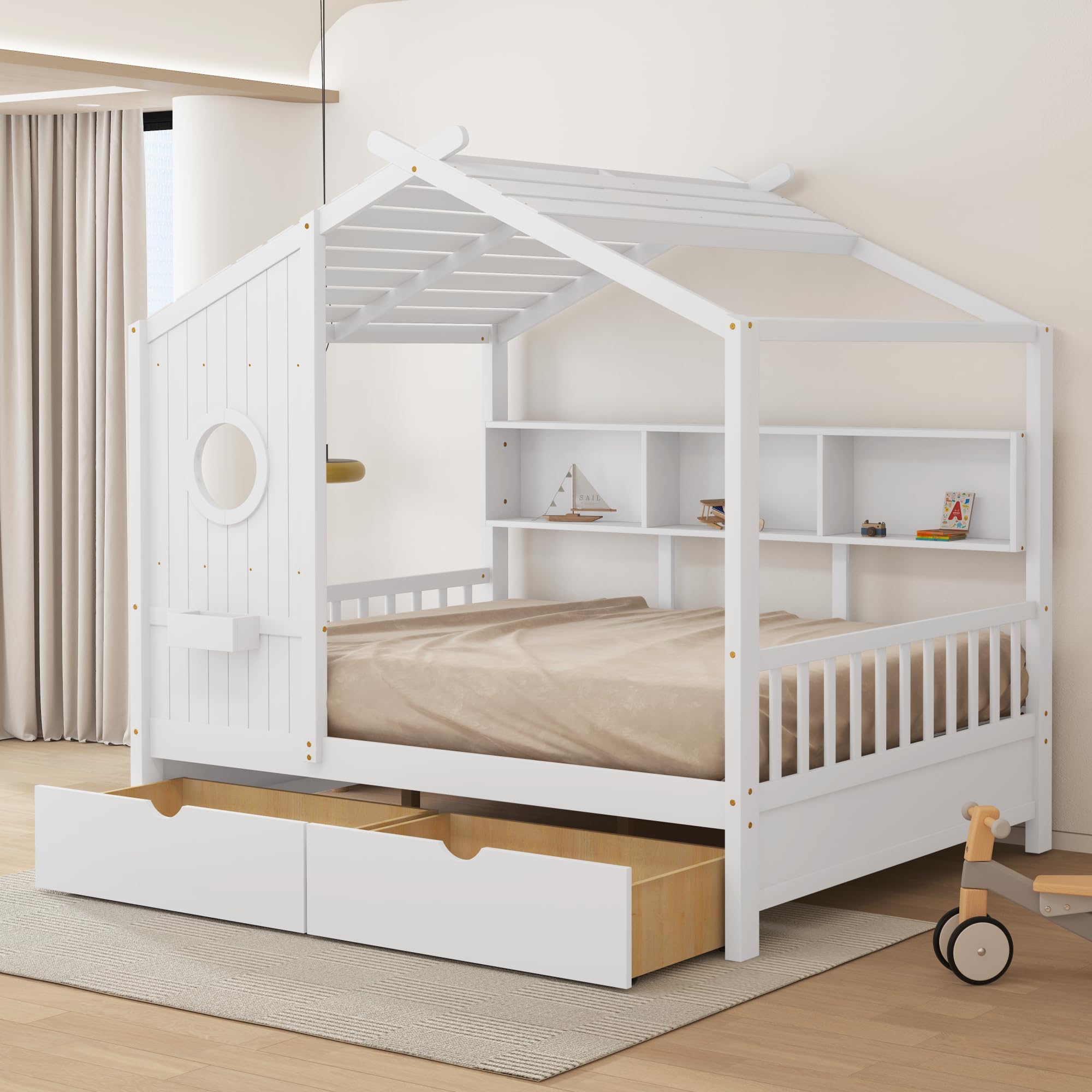 DEINPPA Full Size Wooden House Bed for Kids with Storage Drawers & Bookshelf - Built-in Window Box Design - Cute Toddler Bed for Boys & Girls (White) - Perfect for Bedrooms, Playrooms & Montessori Learning Spaces