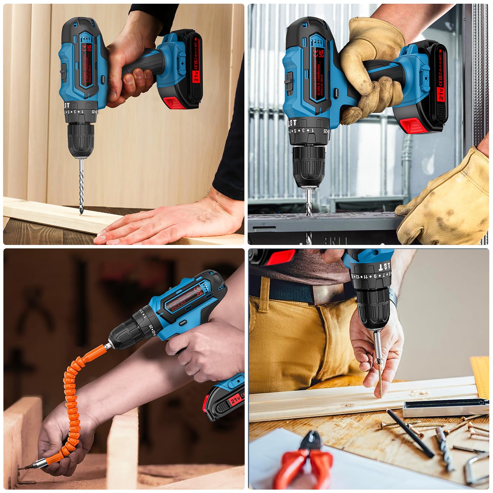 21V Cordless Power Drill Set with 2 Batteries & Charger - 25+3 Torque Settings, 3/8