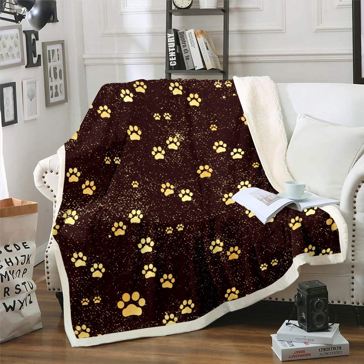 Soft Dog Paw Fleece Throw Blanket - Sherpa Pet Blanket with Golden Galaxy Print - Microfiber Plush Blanket for Dogs (90