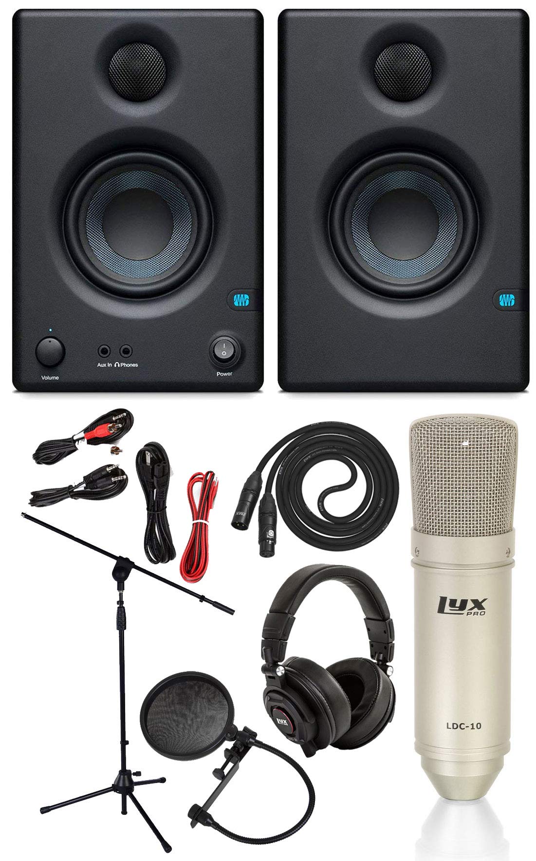 PreSonus Eris E3.5 2-Way Active Powered Studio Monitor Pair with Microphone Stand, Pop Filter, XLR Cable & 2 TS Cables - Professional Studio Recording & Home Music Production Setup