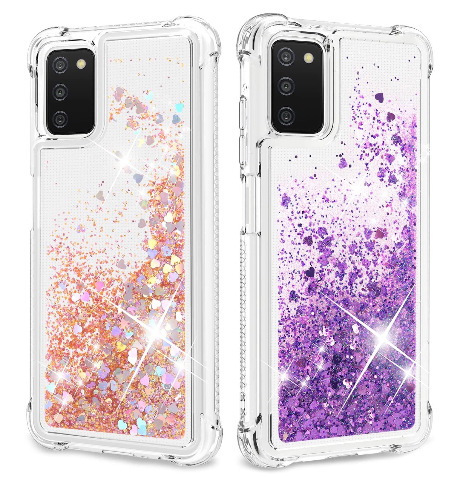 2 Pack Samsung Galaxy A03s Case - Liquid Glitter Sparkly Clear Protective Phone Cover for Women & Girls | Cute Bling Design in Purple & Gold | Perfect for Everyday Use, School, Work & Parties