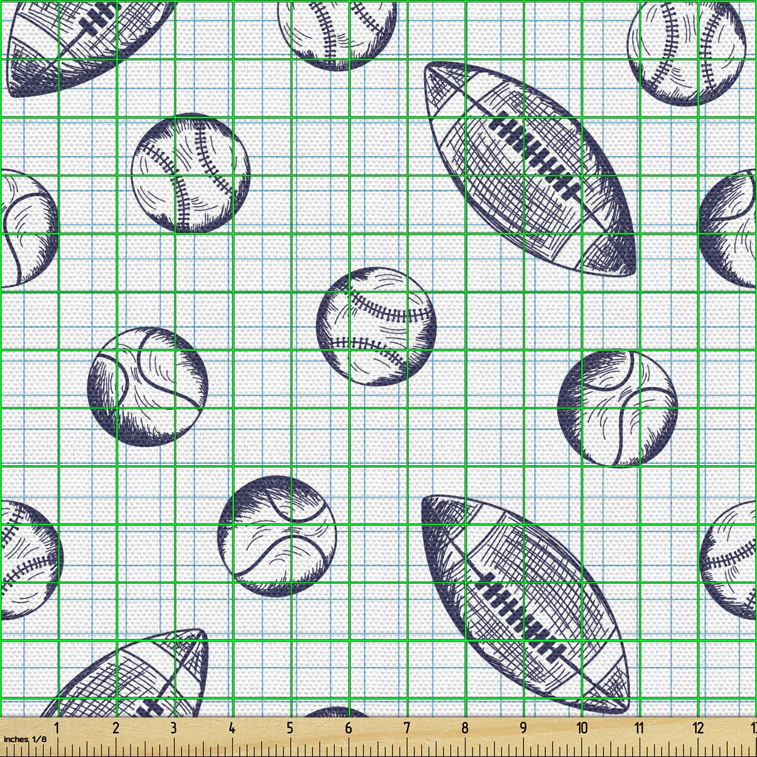 Ambesonne Baseball Themed Fabric by The Yard - Pigskin & Baseballs Checkered Pattern for Upholstery, DIY Projects, Home Decor - 10 Yards Indigo & Pale Blue - Perfect for Sports Room Decor, Tablecloths, Curtains, and Crafting