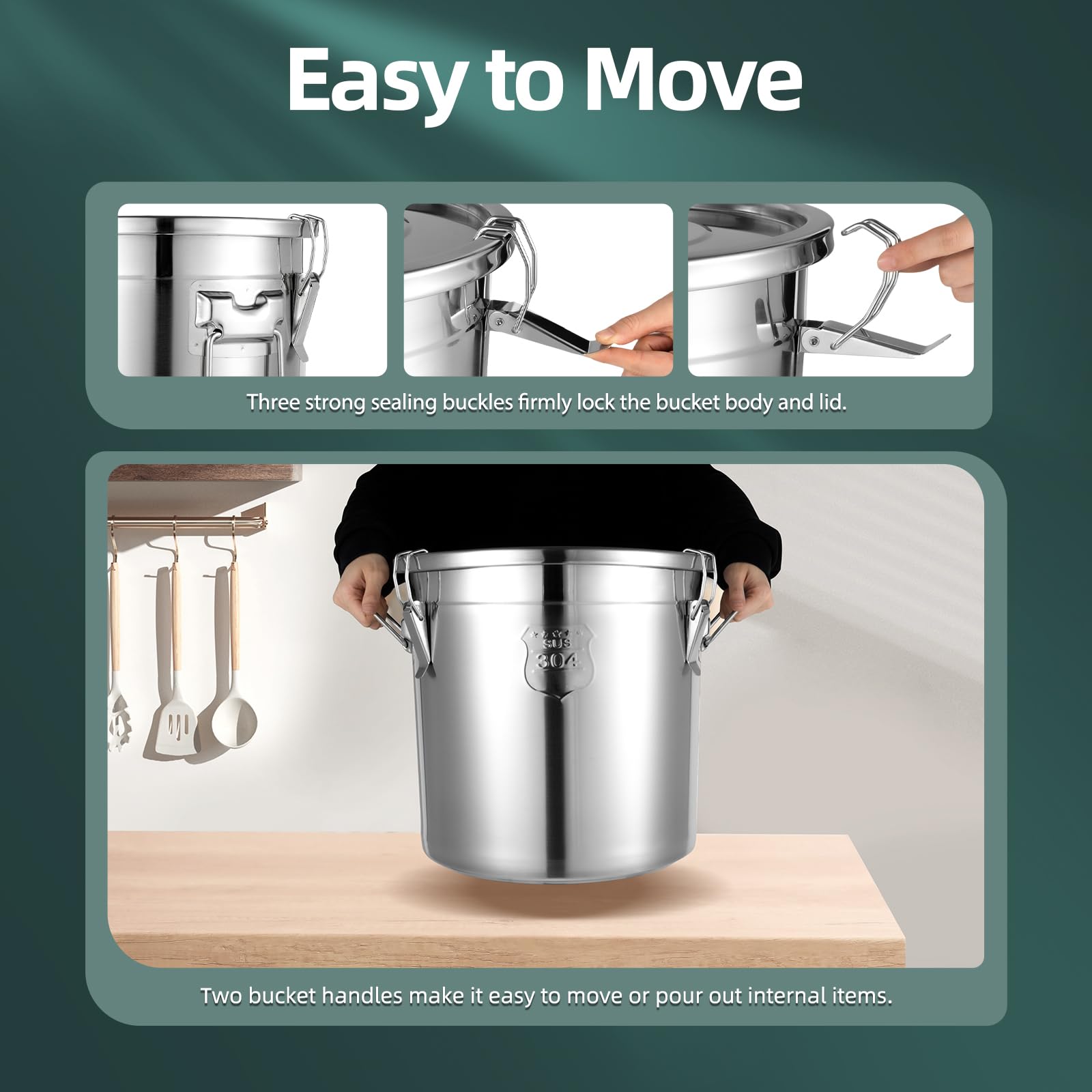 Premium 304 Stainless Steel Airtight Food Storage Container - 21L Large Capacity Kitchen Canister for Rice, Cereal, Grains & Dry Goods | Leakproof Metal Kitchen Storage with Secure Lid & Comfortable Handles | Ideal for Pantry Organization, Bulk Food Storage & Home Kitchen Use (Silver)