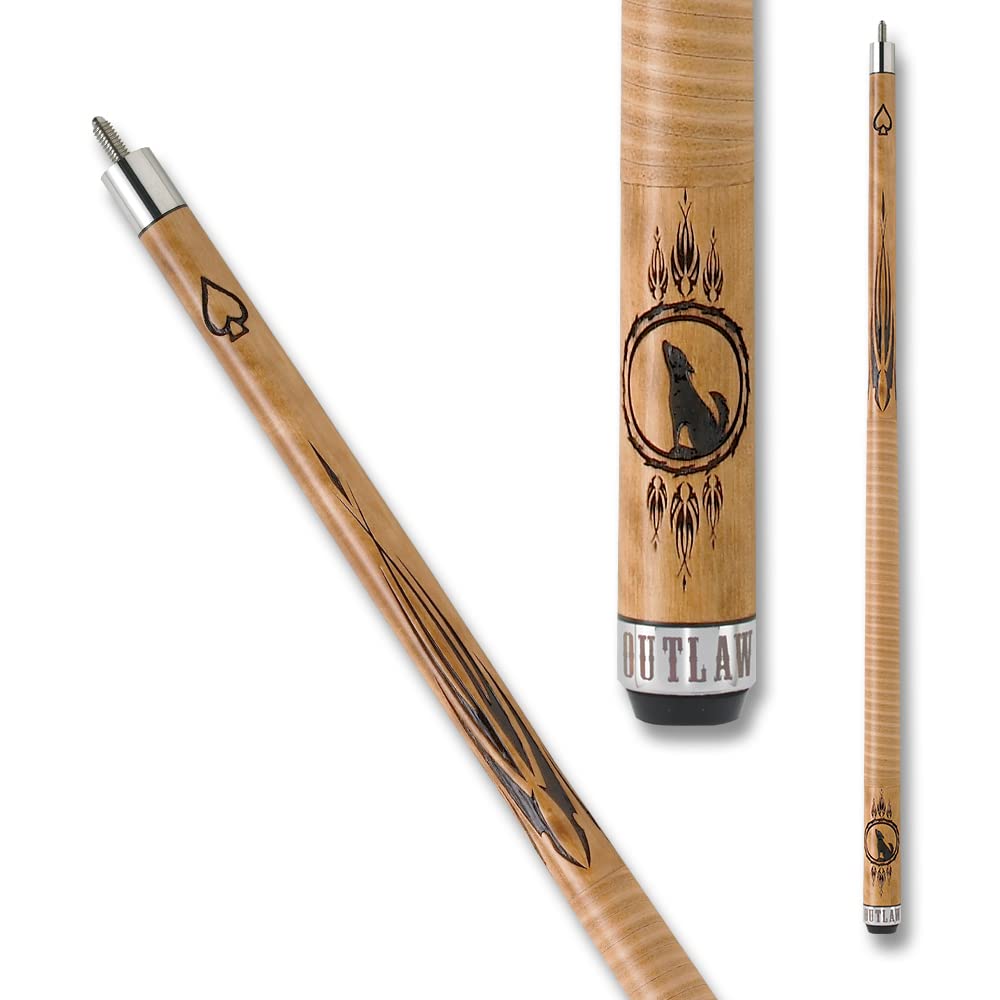 Premium OUTLAW OL13 Maple Pool Cue - Handcrafted Brown Stain with Wolf & Dreamcatcher Design for Professional Billiards Players & Home Game Rooms