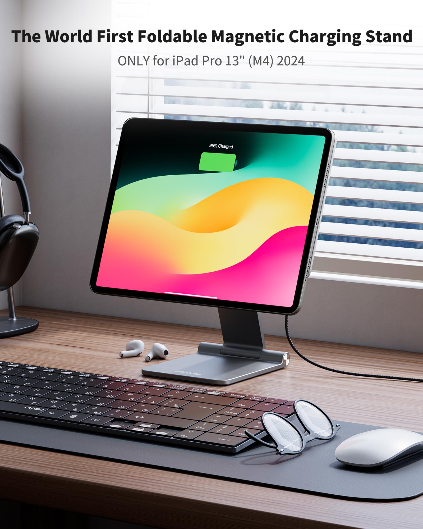 Magnetic Wireless Charging Stand for iPad Pro 13 M4 2024 - Aluminum Alloy Foldable Tablet Stand Holder with 360° Adjustable Angle & 1M USB-C Cable - Perfect for Home Office, Desk Work, Watching Videos & Hands-Free Charging