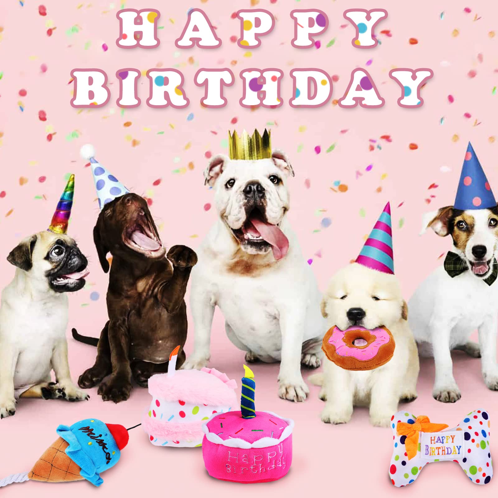 DoreenBow 5 Pack Squeaky Dog Chew Toys - Puppy Teething Plush Birthday Cake Toys for Small Dogs | Perfect Gift Box for Dog Birthday Parties & Puppy Playtime