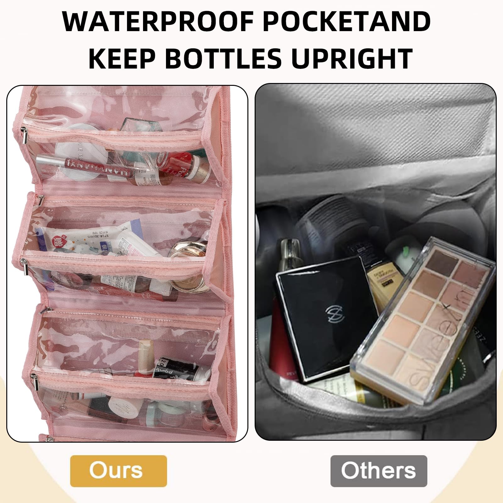 Waterproof Hanging Travel Makeup Bag for Women - Extra Large Roll Up Cosmetic Organizer with 4 Clear TSA Approved Pouches & Jewelry Compartment (Light Red) | Perfect for Air Travel, Vacation & Daily Beauty Storage