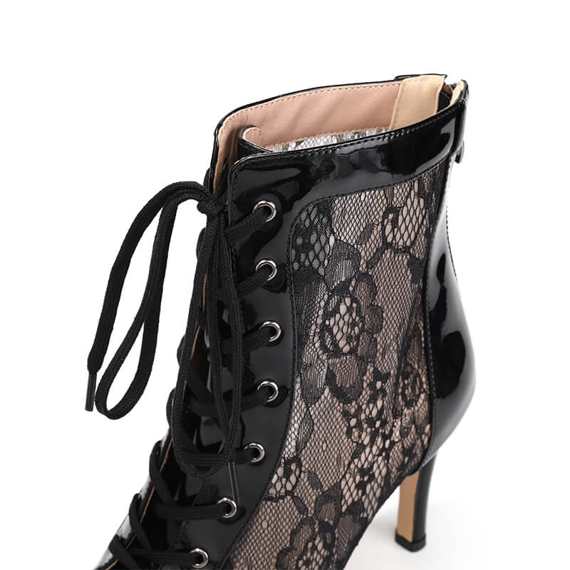 Sexy Lace Mesh Open Toe Stiletto Heel Boots for Women - Lace Up Dance Shoes for Tango, Pole Dancing & Nightclub Wear