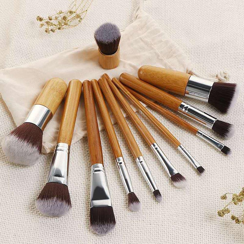 HUDA GIRL 11-Piece Professional Makeup Brush Set with Blender Puff - Natural Bamboo Handle & Travel Case - Perfect for Travel, Home & Professional Makeup Artists