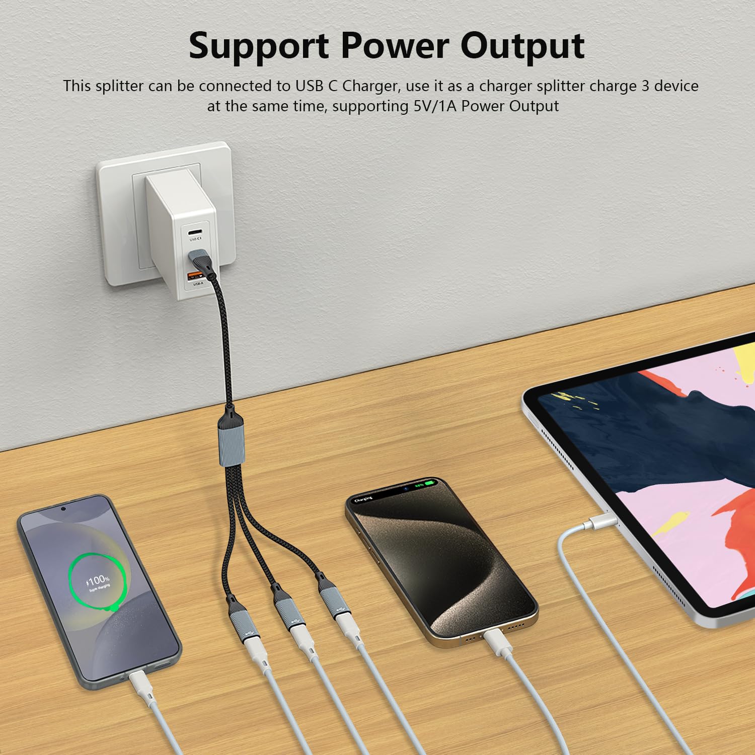 USB C to 3 USB C Female Splitter Cable - High Speed Data Transfer & Charging Adapter - Compatible with iPad Pro, MacBook, iPhone 16/15/15 Pro, Galaxy S24/S23 - Perfect for Multi-Device Charging & OTG Connections