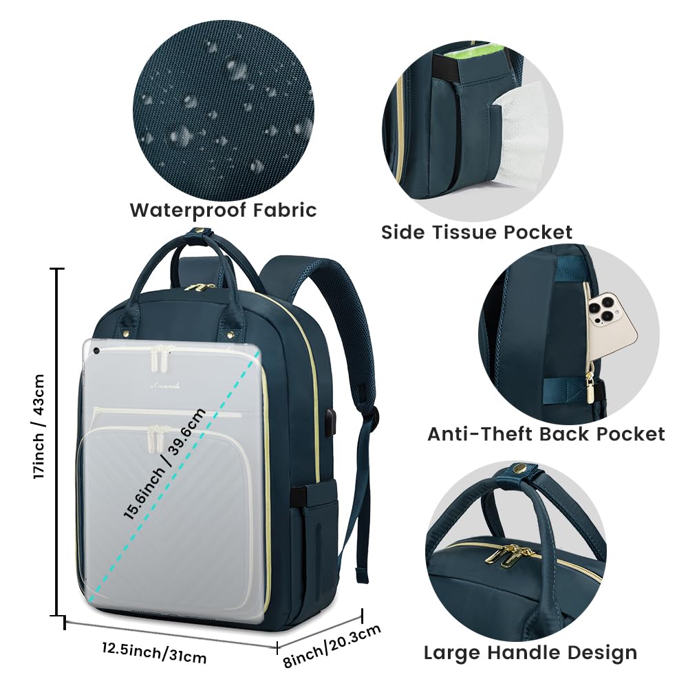 LOVEVOOK Women's Water Resistant Laptop Backpack - Stylish USB Charging Travel Work Bag for Business, Teacher & Nurse (Blue-Green) | Perfect for Commuting, Office & College Use