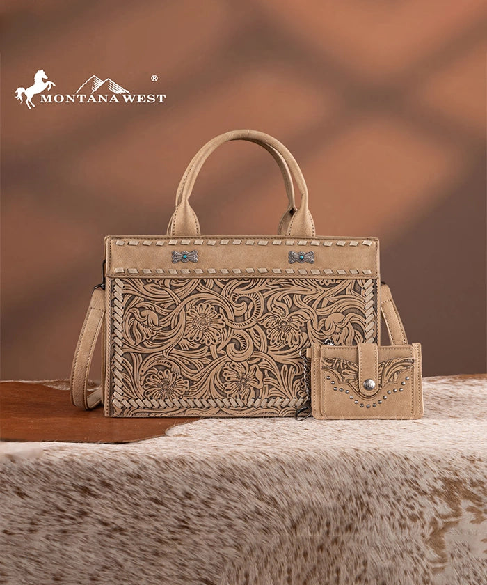Montana West Floral Tooled Leather Tote Bag Set for Women - Stylish Handbag for Work, Travel & Everyday Use