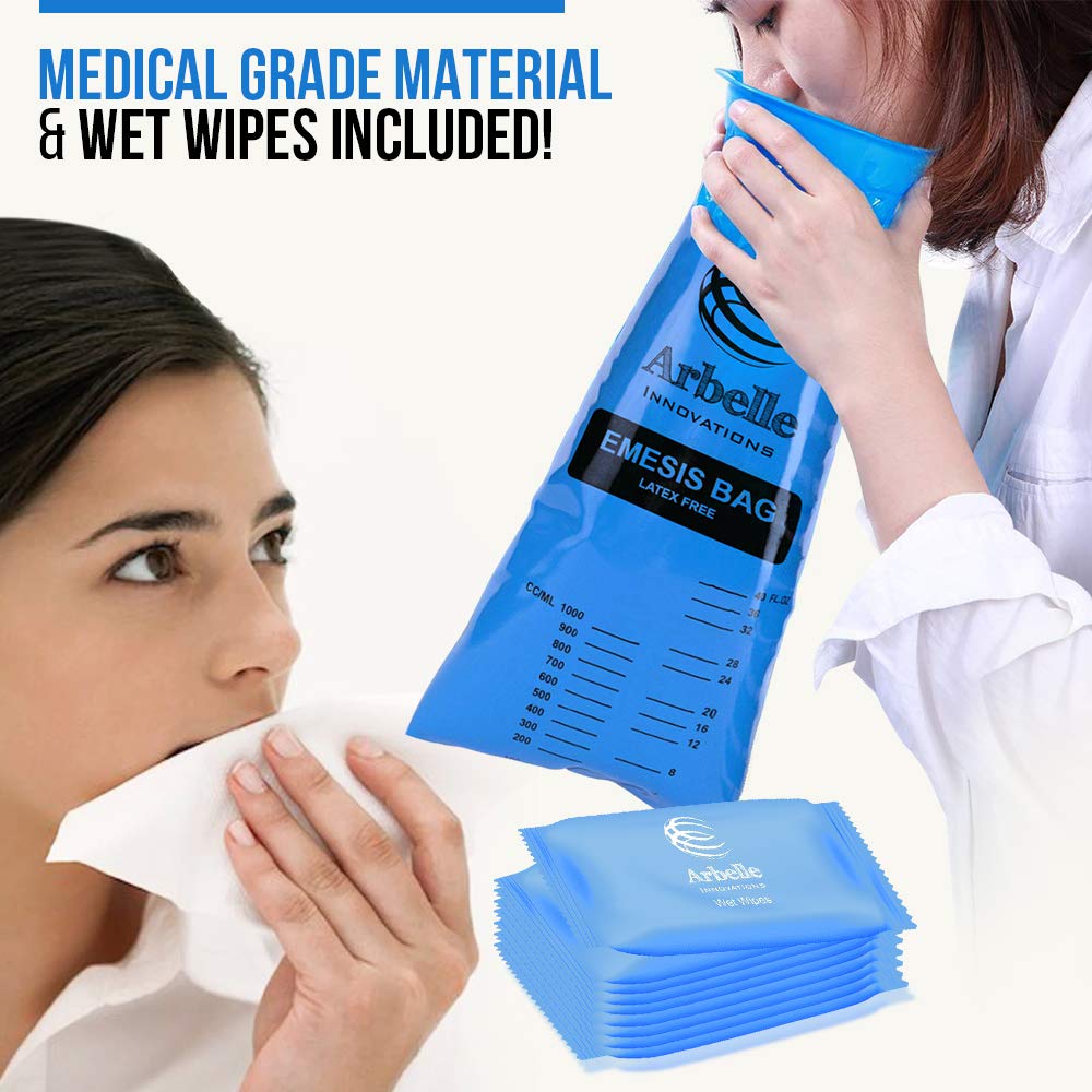 Disposable Vomit Bags for Motion Sickness & Nausea Relief - 40 Pack with Wet Wipes | Leak Proof, Travel Friendly | Ideal for Car, Pregnancy & Chemotherapy | Hospital, Airplane & Cruise Essential
