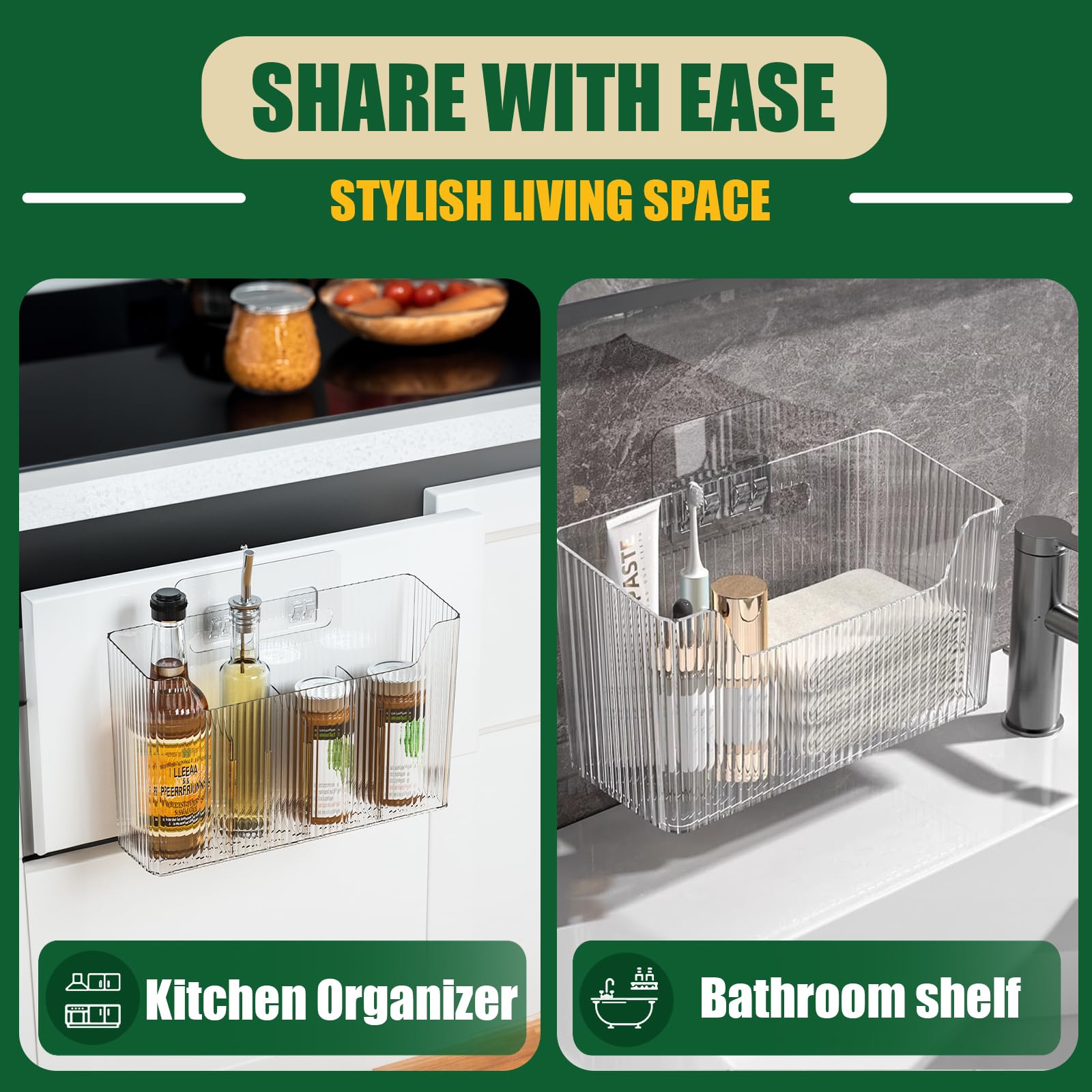 2 Pack Wall Mounted Organizer Bins - Multi-Purpose Cabinet Door Storage for Kitchen, Bathroom & Pantry | Space-Saving Hanging Baskets with Strong Adhesive | Perfect for Spices, Utensils & Toiletries (BPA-Free, Durable Design)