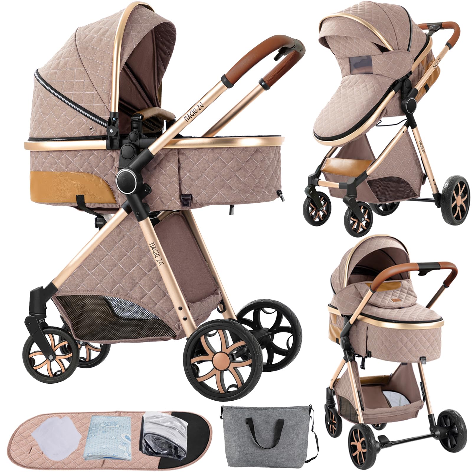 2 in 1 Baby Stroller with Bassinet - Reversible Convertible Pushchair, Portable Foldable Infant Buggy & Toddler Carriage, High Landscape Pram for Newborn (Khaki) | Perfect for Park Walks, Shopping & Travel