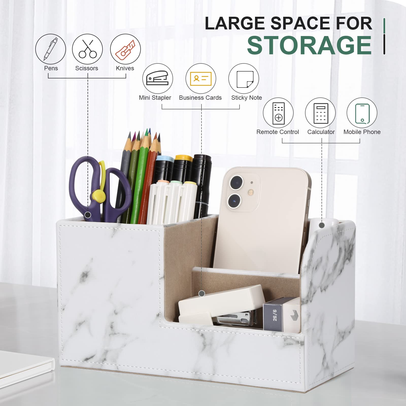 GORESE Leather Office Desk Organizer with Pen Holder & Remote Control Storage - White Marble Desktop Organizer for Office Supplies, Home & Workspace Organization - Perfect for Desk Accessories, Stationery & Remote Control Storage