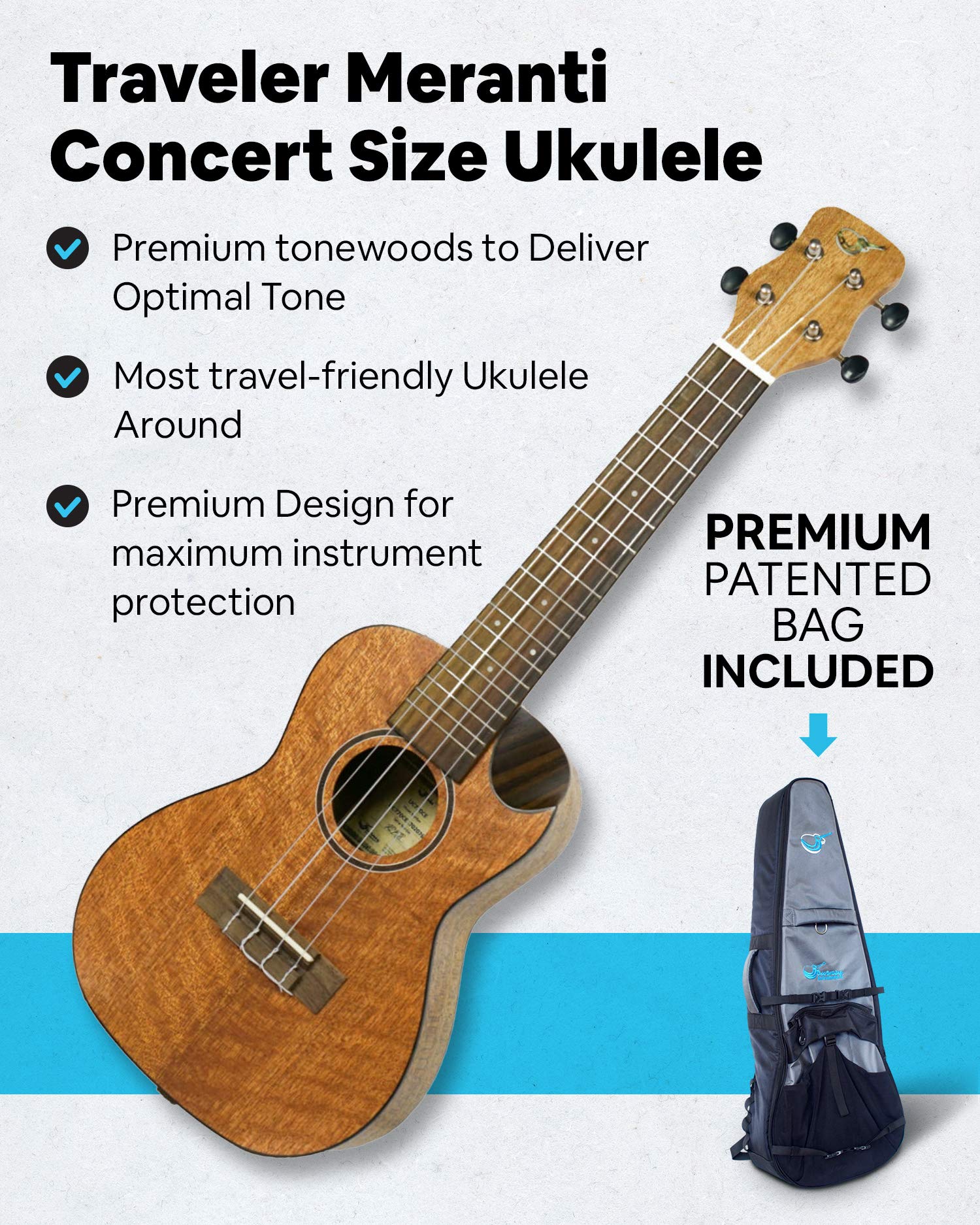 **Meranti Concert Travel Ukulele – UC770CE Concert-Size Ukulele with Built-in Tuner & Travel Case – Best Portable Ukulele for Road Trips, Camping & Beach Music**