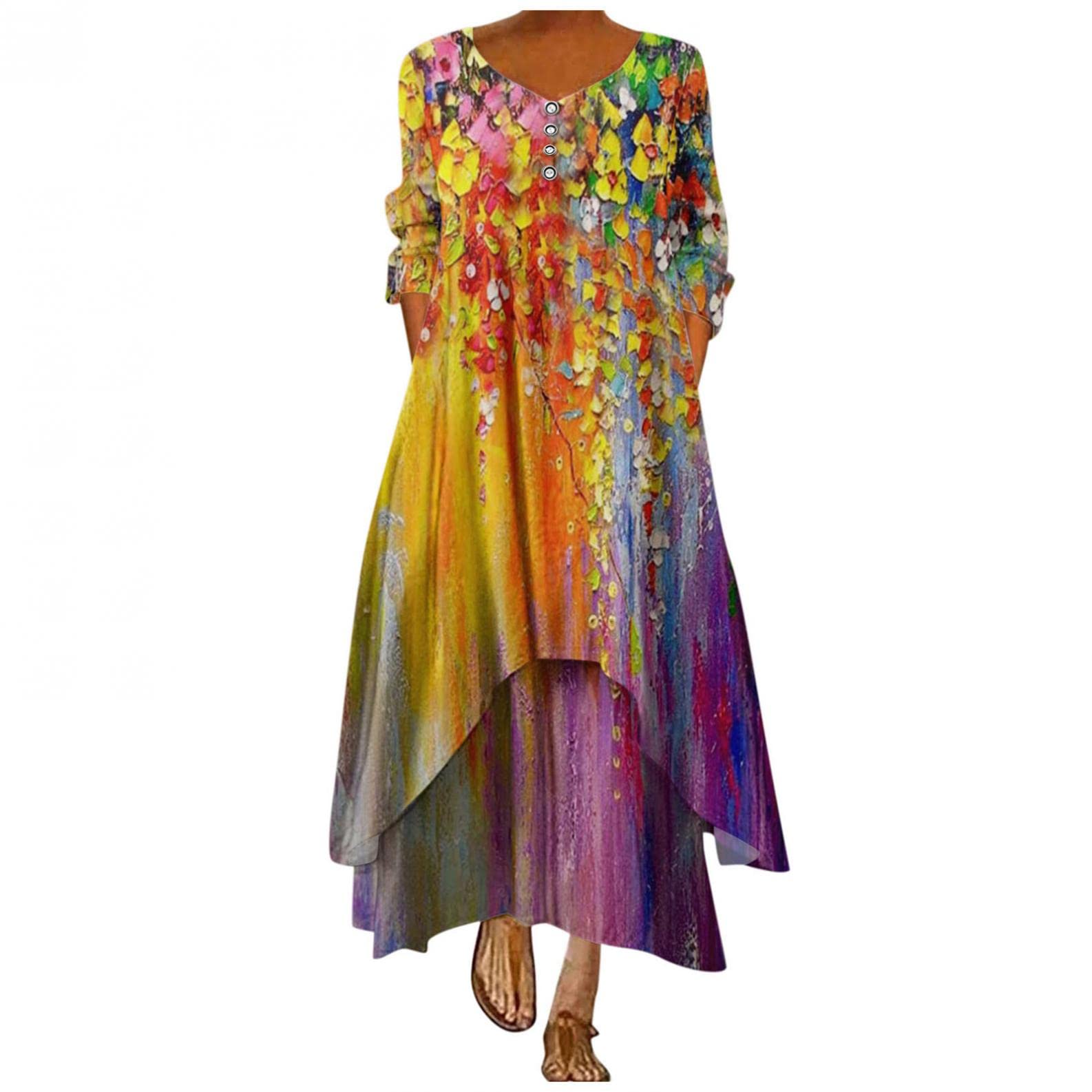FABIURT Women's Casual Summer Floral Print Maxi Dress - Bohemian Loose V-Neck Long Dress for Plus Size | Perfect for Beach Vacations, Music Festivals & Boho Chic Outfits