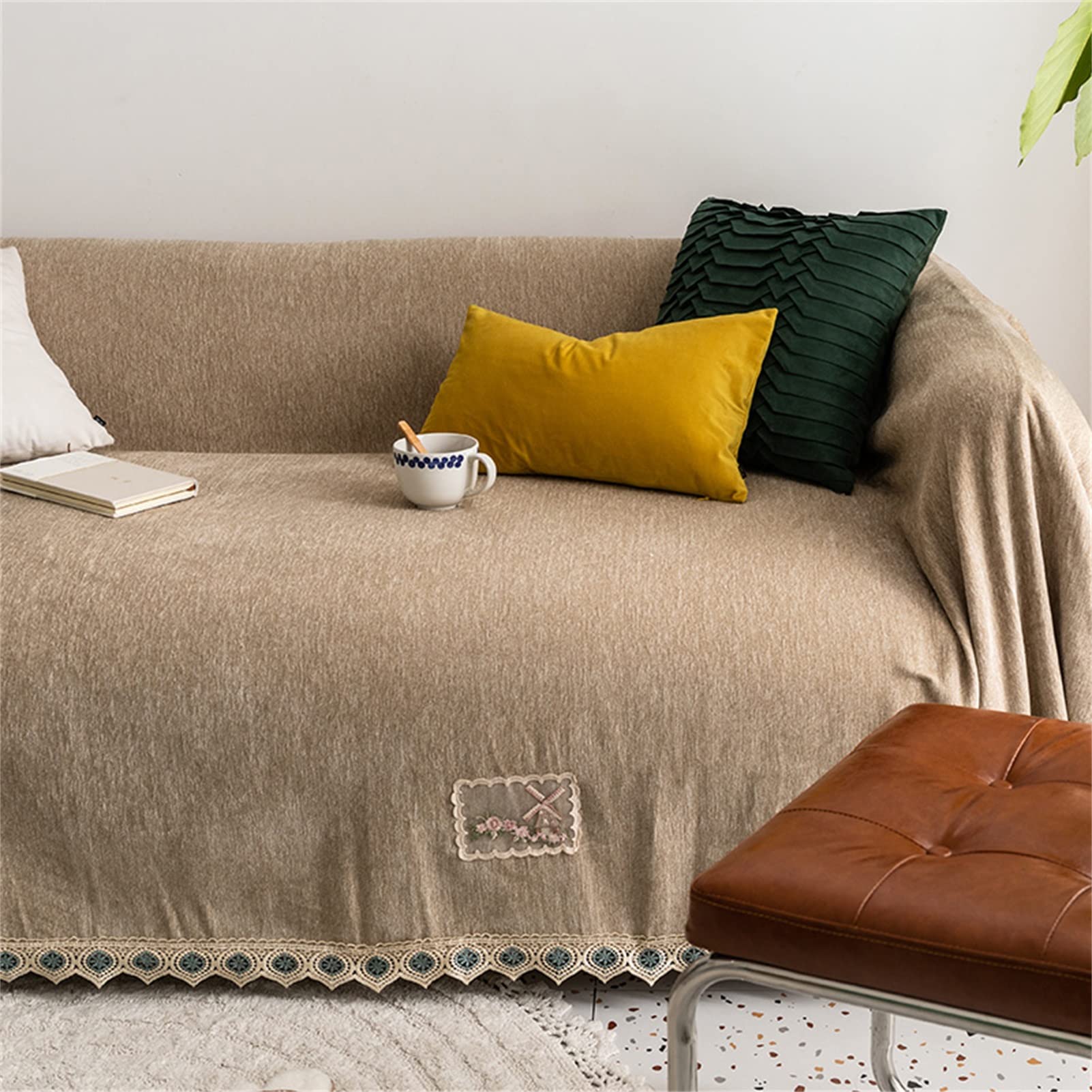 Nordic Simple Chenille Sofa Towel & Non-Slip Cushion Cover - Customizable 180x280cm in Khaki | Cozy Living Room Decor, Perfect for Sectional Couches and Home Theater Seating