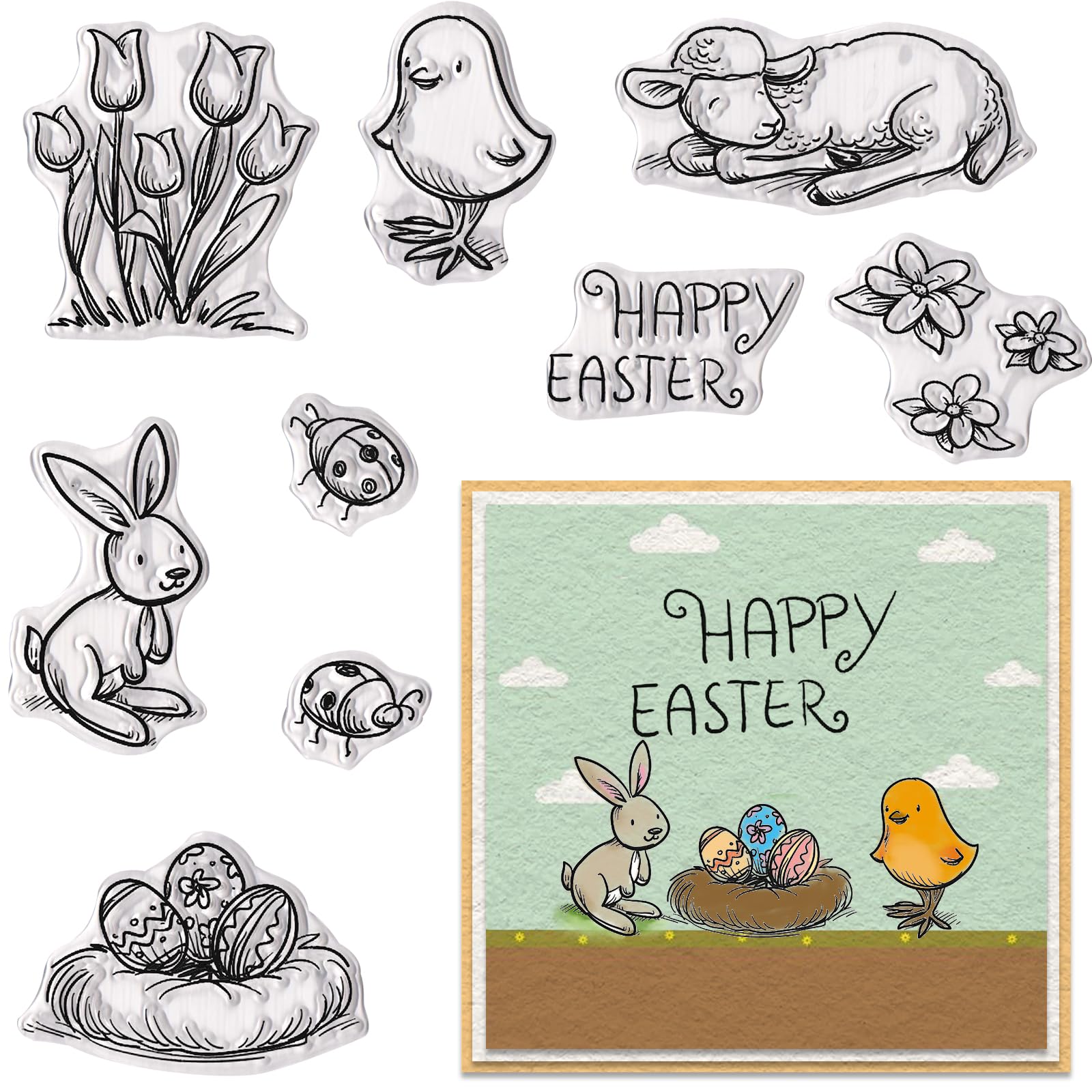 Happy Easter Clear Stamps Set - Bunny, Eggs & Spring Words Rubber Stamps for DIY Card Making, Scrapbooking, Embossing - Transparent Silicone Seals for Easter Crafts, Greeting Cards & Paper Albums (Perfect for Spring DIY Projects & Holiday Decorations)