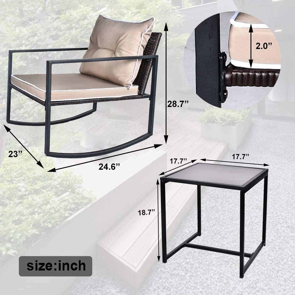 Grepatio 3-Piece Rocking Bistro Set - Modern Wicker Patio Furniture with Coffee Table, Outdoor Rattan Chairs for Garden, Yard & Bistro (Brown/Khaki) - Perfect for Relaxing, Entertaining & Outdoor Dining