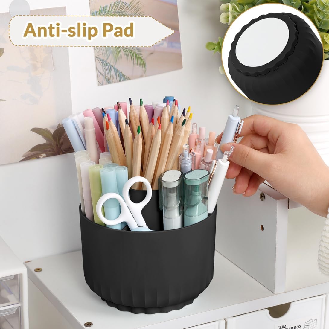 SKYDUE 360 Degree Rotating Pencil Pen Holder - Dual-Purpose Desk Organizer with 5 Slots | Office & School Supplies | Perfect for Desk Organization, Home Office Decor, and Study Room Accessories