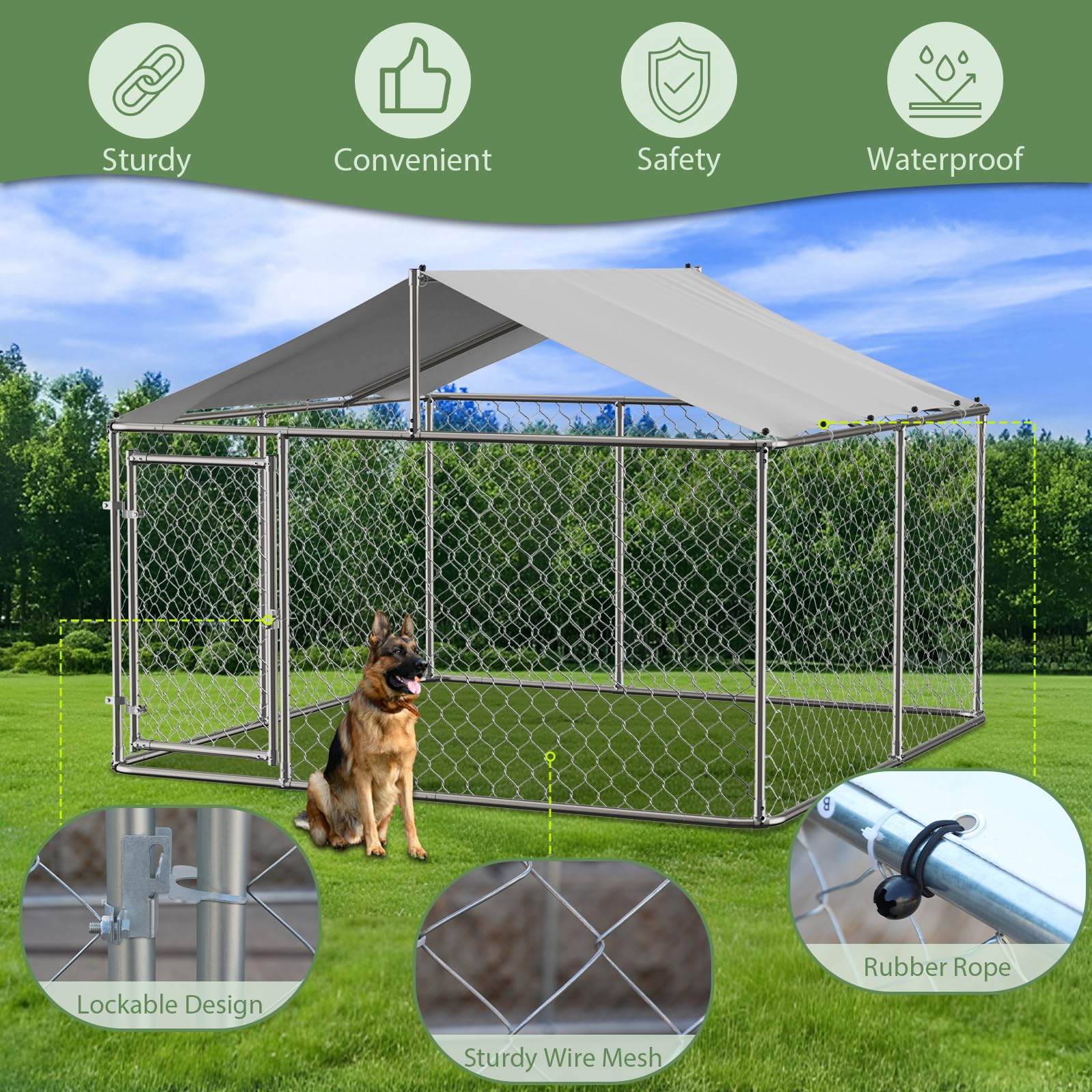 10×10FT Extra Large Heavy Duty Outdoor Dog Kennel with Roof Cover - Chain Link Dog House Cage Playpen with Lockable Door for Backyard - Perfect for Large Breed Dogs, Pet Safety & Outdoor Playtime