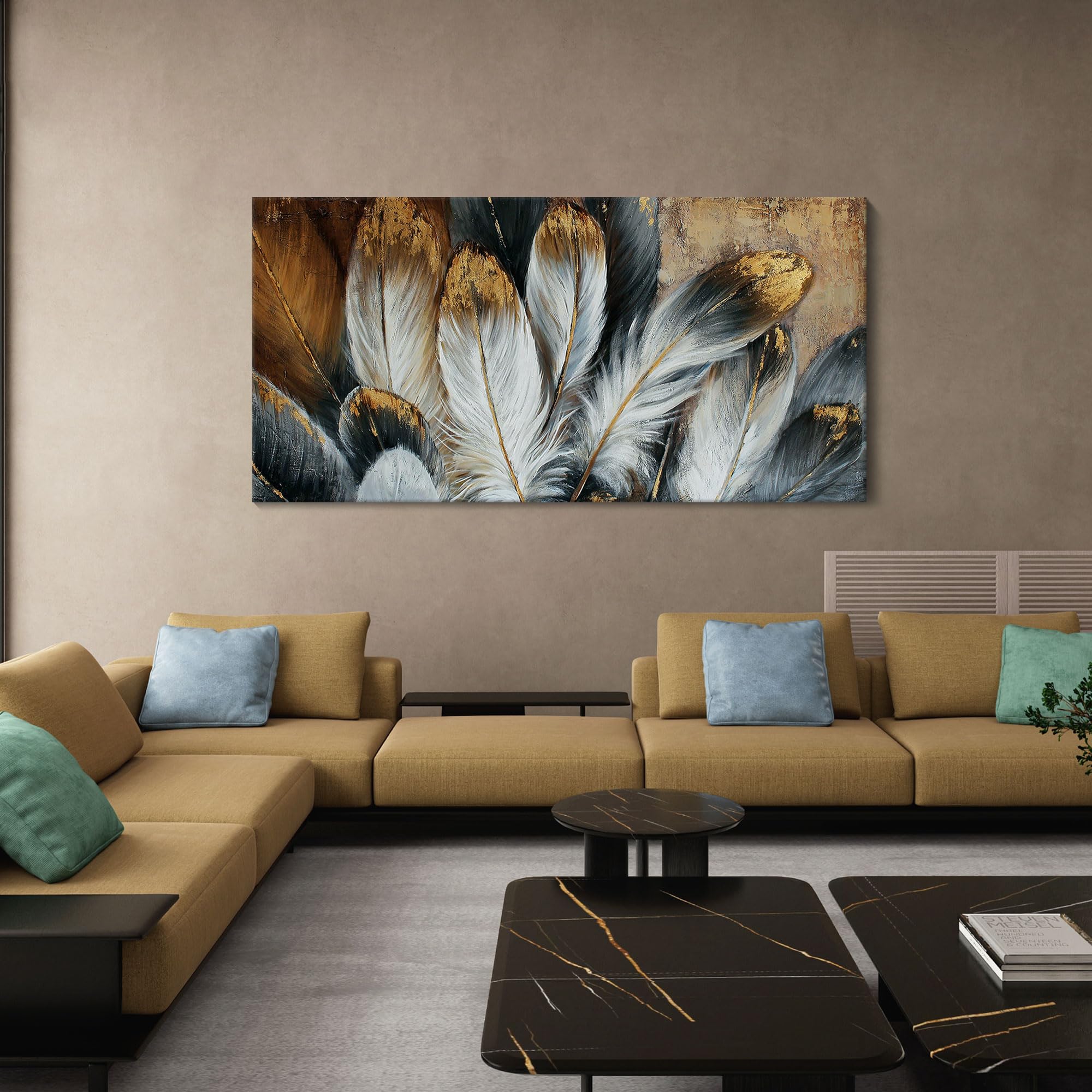 Feather Canvas Wall Art - Large Giclee Print Modern Home Decor Painting for Living Room & Bedroom - White Gold Brown Feather Picture (58x29 Inches) Ready to Hang | Perfect for Bohemian, Minimalist & Contemporary Interior Design Styles