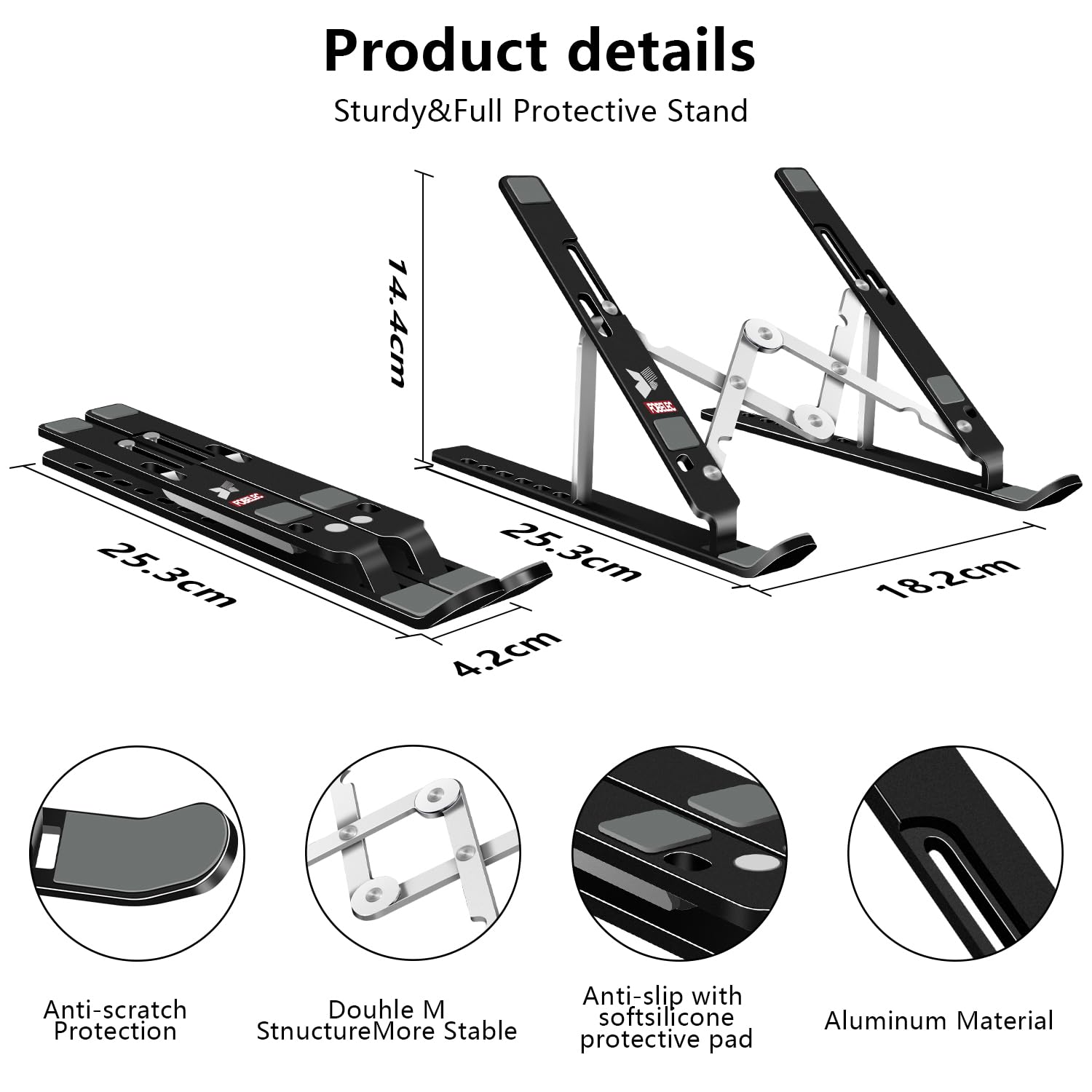 Adjustable Aluminum Foldable Laptop Stand - Portable Computer & Tablet Holder Riser for MacBook Air Pro, Lenovo, HP, Dell, 10-15.6” Devices, Black - Perfect for Home Office, Gaming, and Ergonomic Work Setup
