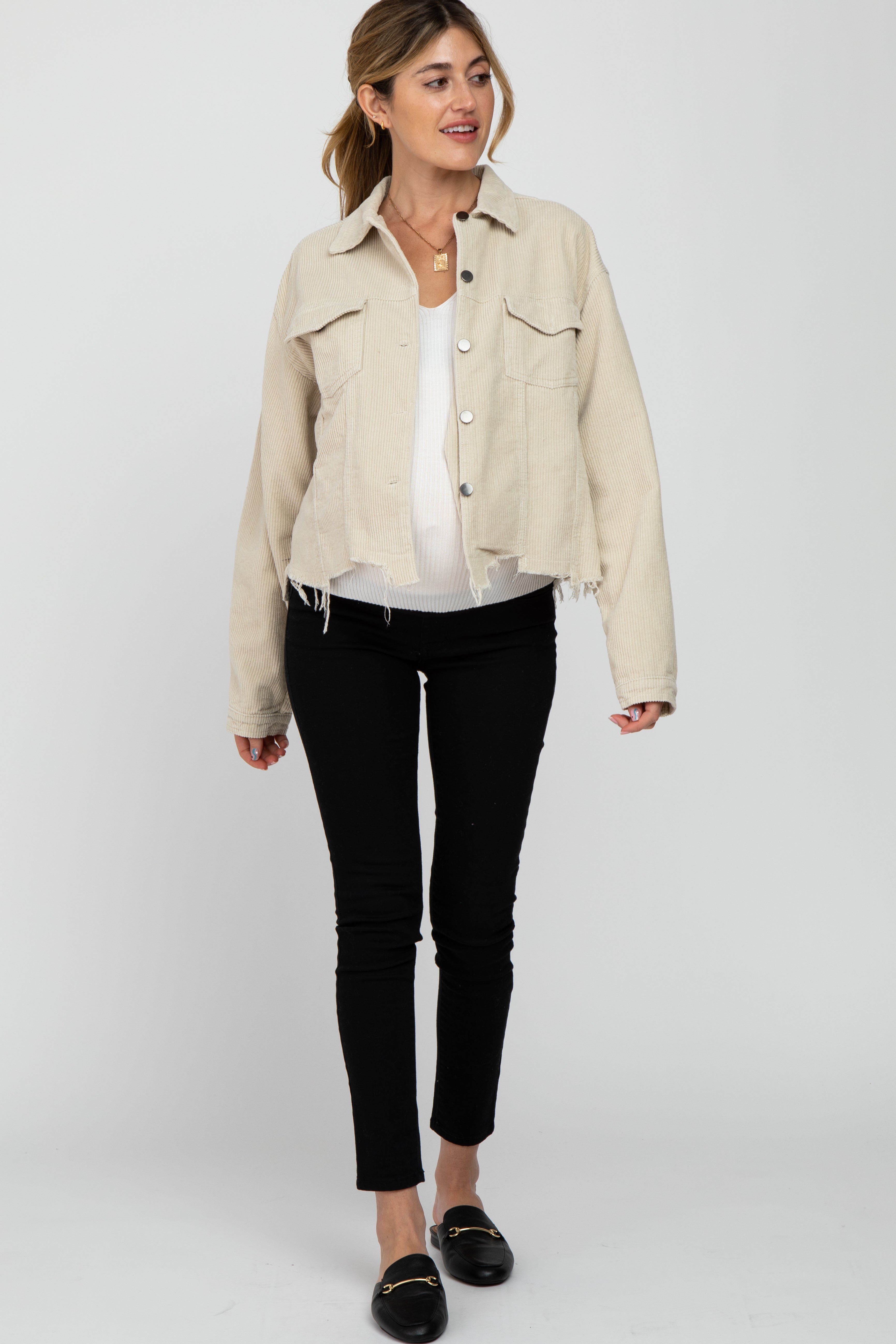 Beige Corduroy Distressed Hem Cropped Maternity Jacket - Stylish Pregnancy Outerwear for Casual Outings & Fall Fashion