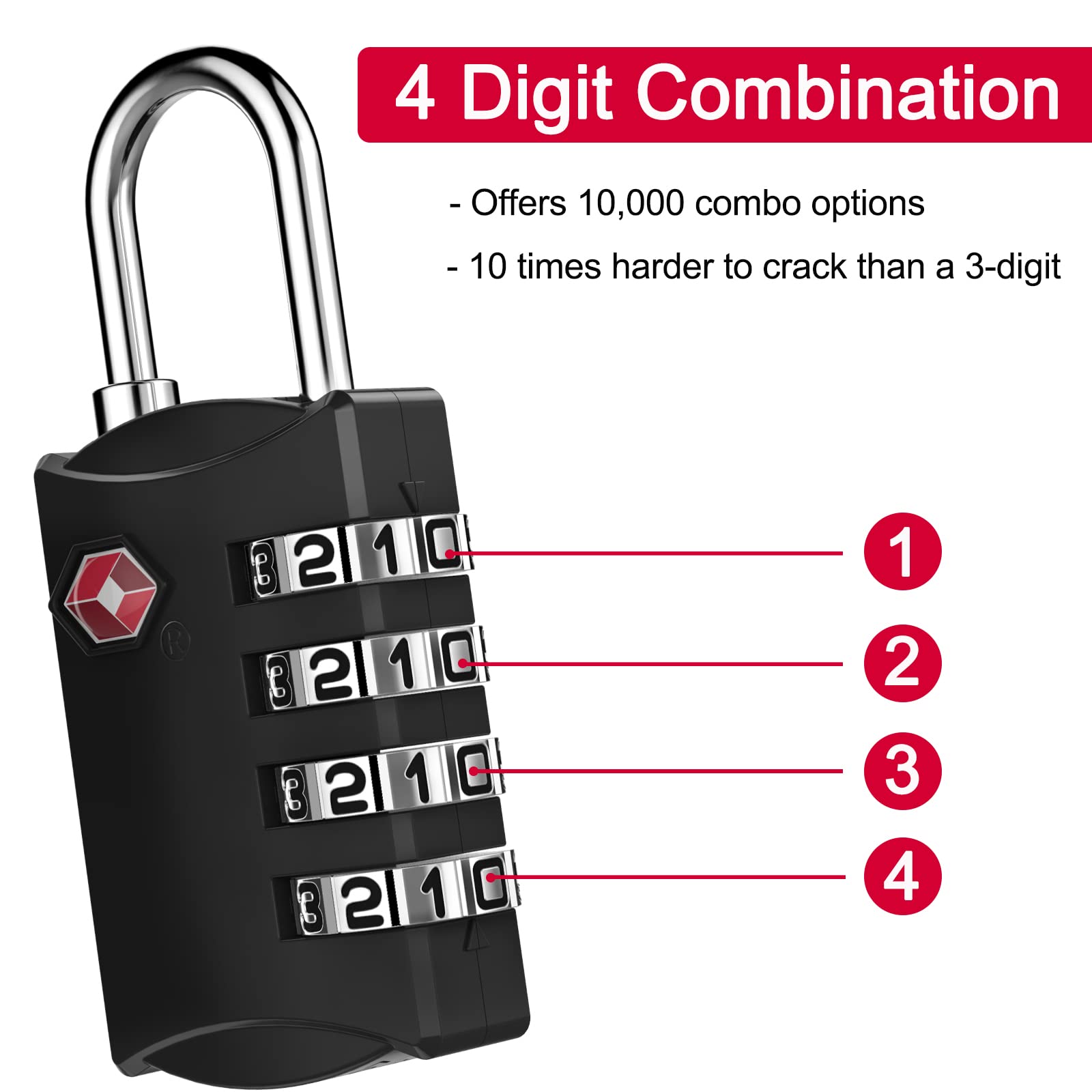 TSA Approved Luggage Lock 4 Pack with Cable - Secure Backpack, Suitcase & Gym Locker - Black Combination Travel Locks (Ideal for Airports, School, Travel & Sports)