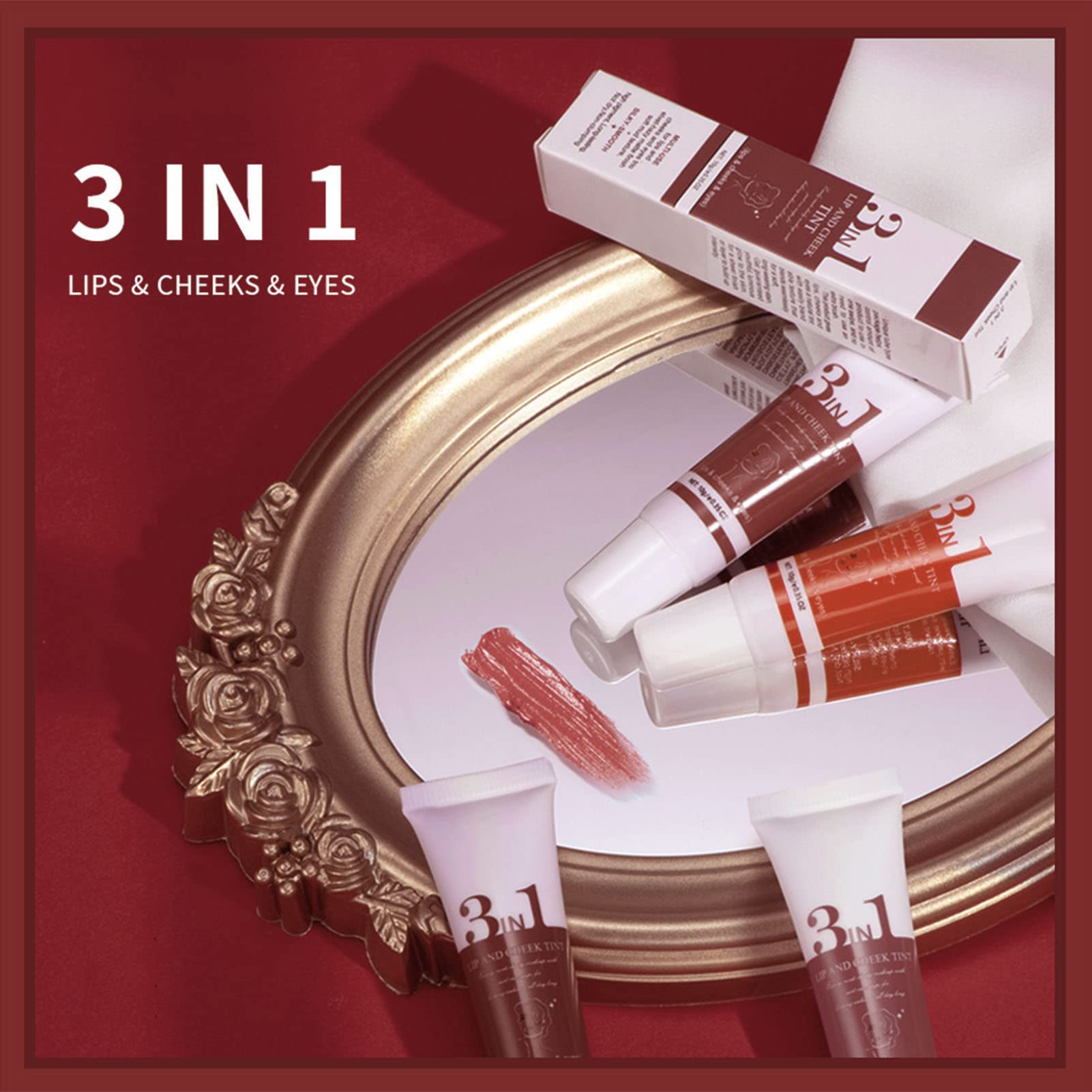 EXCLUZO 3-in-1 Lip Tint & Cheek Stain, Long Lasting Vegan Lip Mud, Natural Lip & Cheek Color (#6) - Perfect for Holiday Makeup, Date Night & Everyday Wear