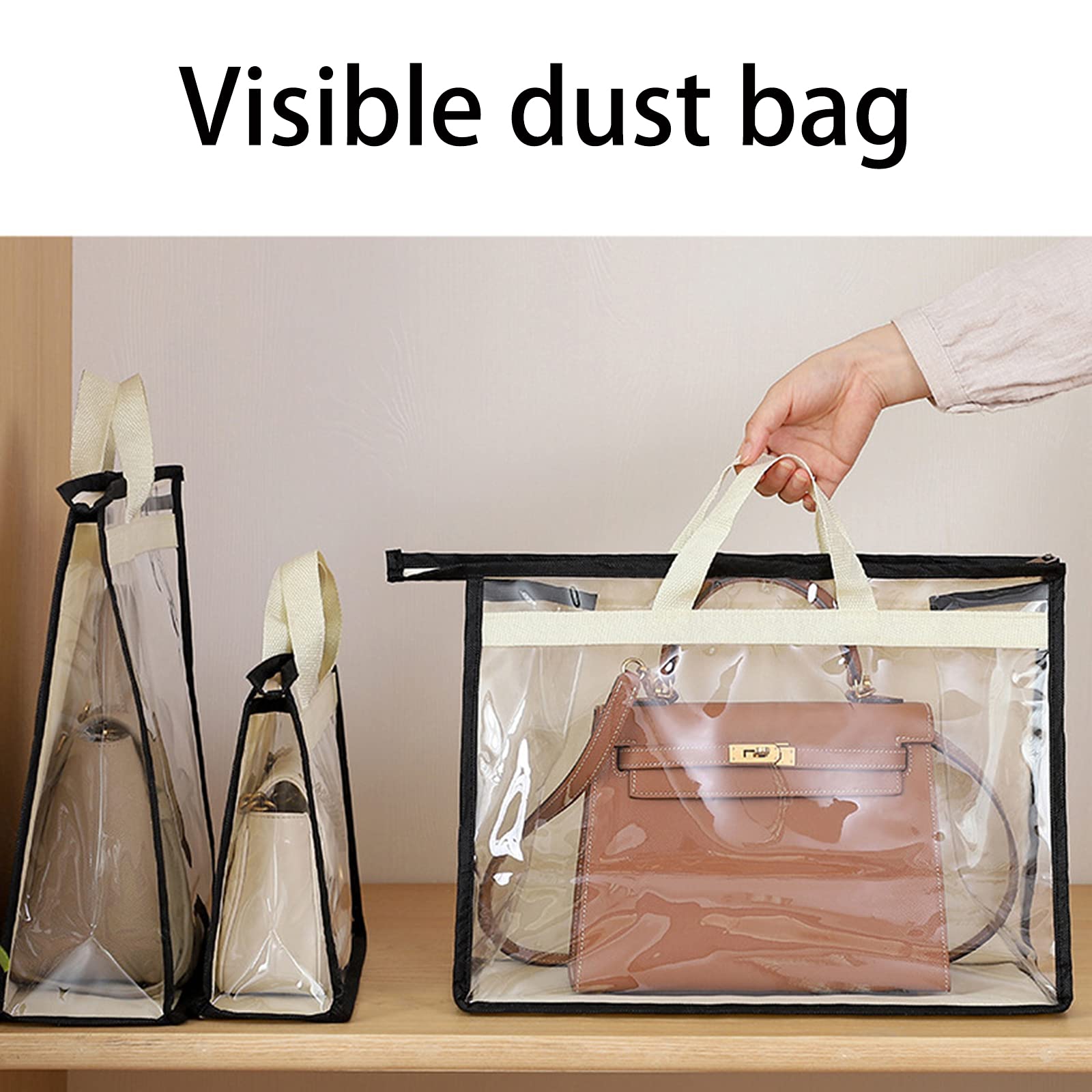 10 Pack Clear Handbag Storage Organizer with Handle & Zipper - Transparent Dustproof Purse Protector Bags for Closet Organization (Beige) | Perfect for Travel, Home Storage & Luxury Handbag Protection