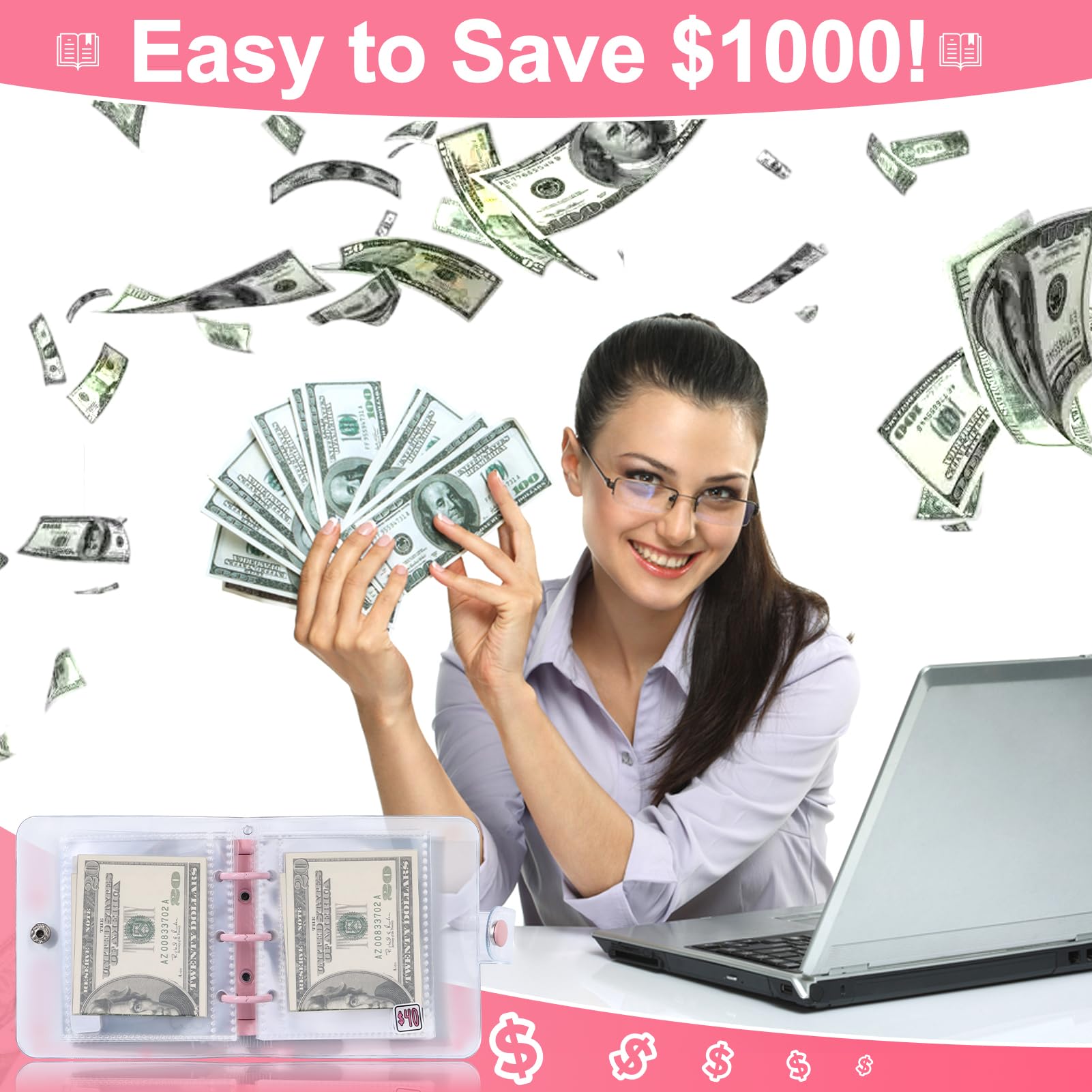 AIERSA 1000 Savings Challenge Mini Binder with Cash Envelopes - Portable Money Saving Budget Organizer for Cash Stuffing | Reusable Cute Style Budget Book | Perfect for Personal Finance, Envelope System & Savings Goals