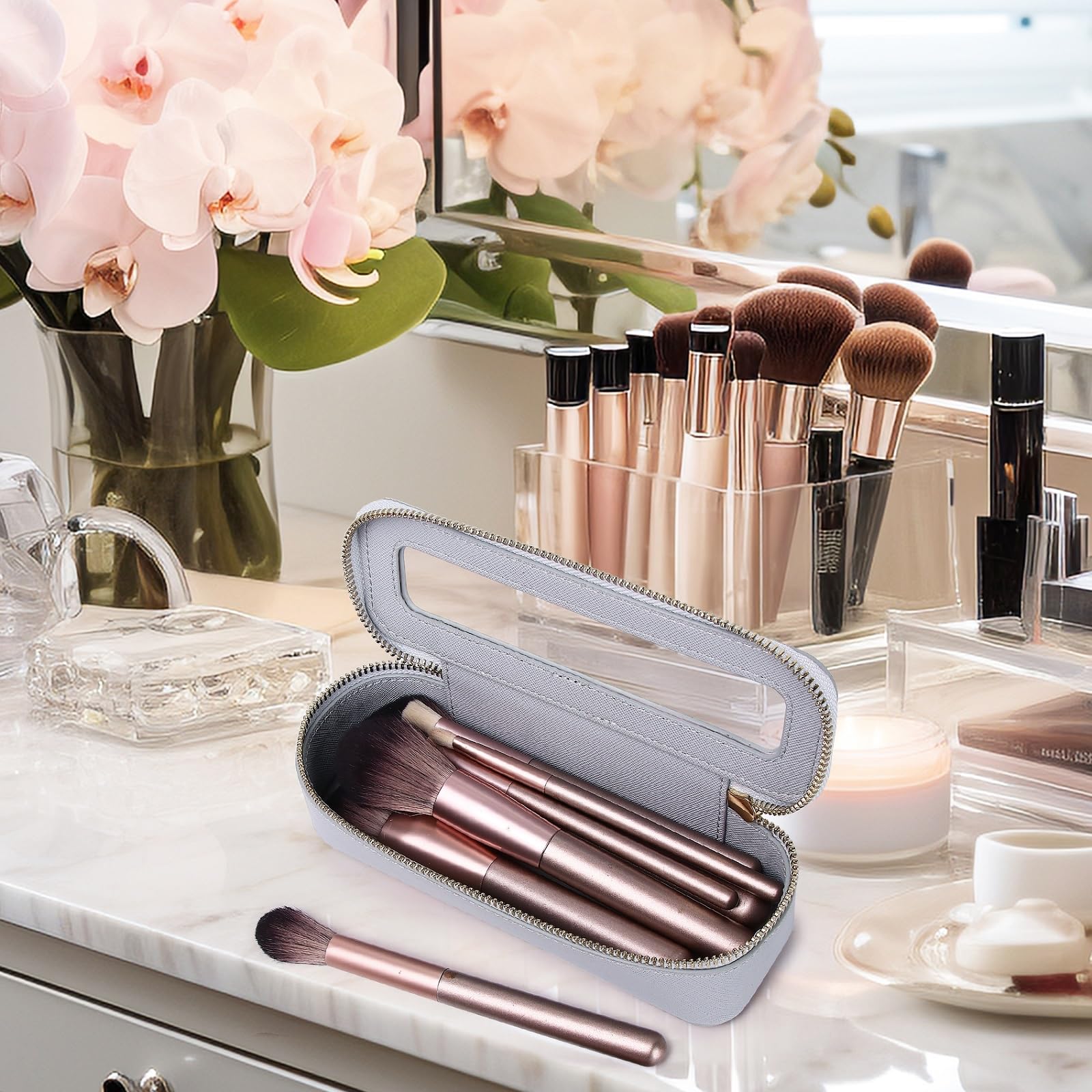 Travel Makeup Brush Case - Slim Zippered Cosmetic Bag for Women | Gray Organizer for On-the-Go Beauty Essentials