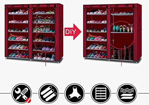 12-Tier Double Row Shoe Rack Organizer with Non-Woven Fabric Cover - Stackable Shoe Storage Cabinet for Entryway, Closet & Bedroom Organization (Red)