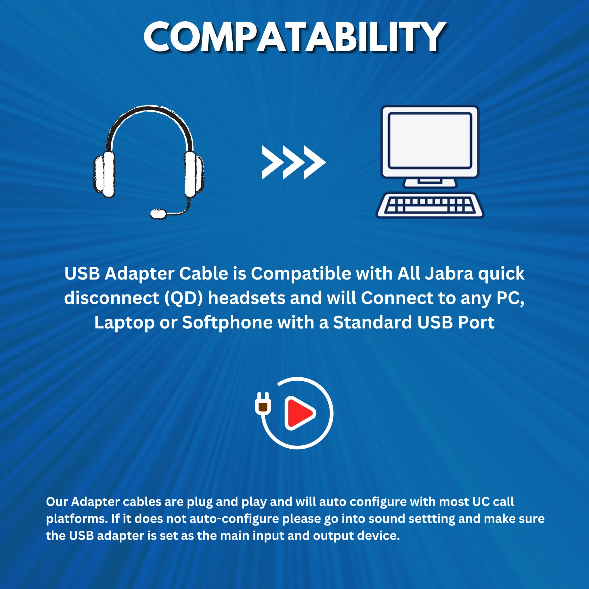 TruVoice USB Adapter for Jabra QD Wired Headsets - Volume Control & Mute Function - PC/Laptop/Softphone Headset Connector - Perfect for Call Centers, Remote Work & Online Meetings