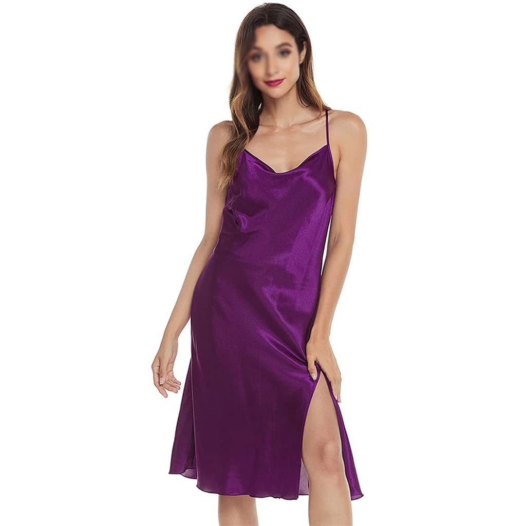Sexy Satin Nightgown for Women - Faux Silk Sleep Dress with High Slit & Spaghetti Straps - Comfortable Intimate Sleepwear for Date Night & Relaxing at Home (Color: C, Size: M)